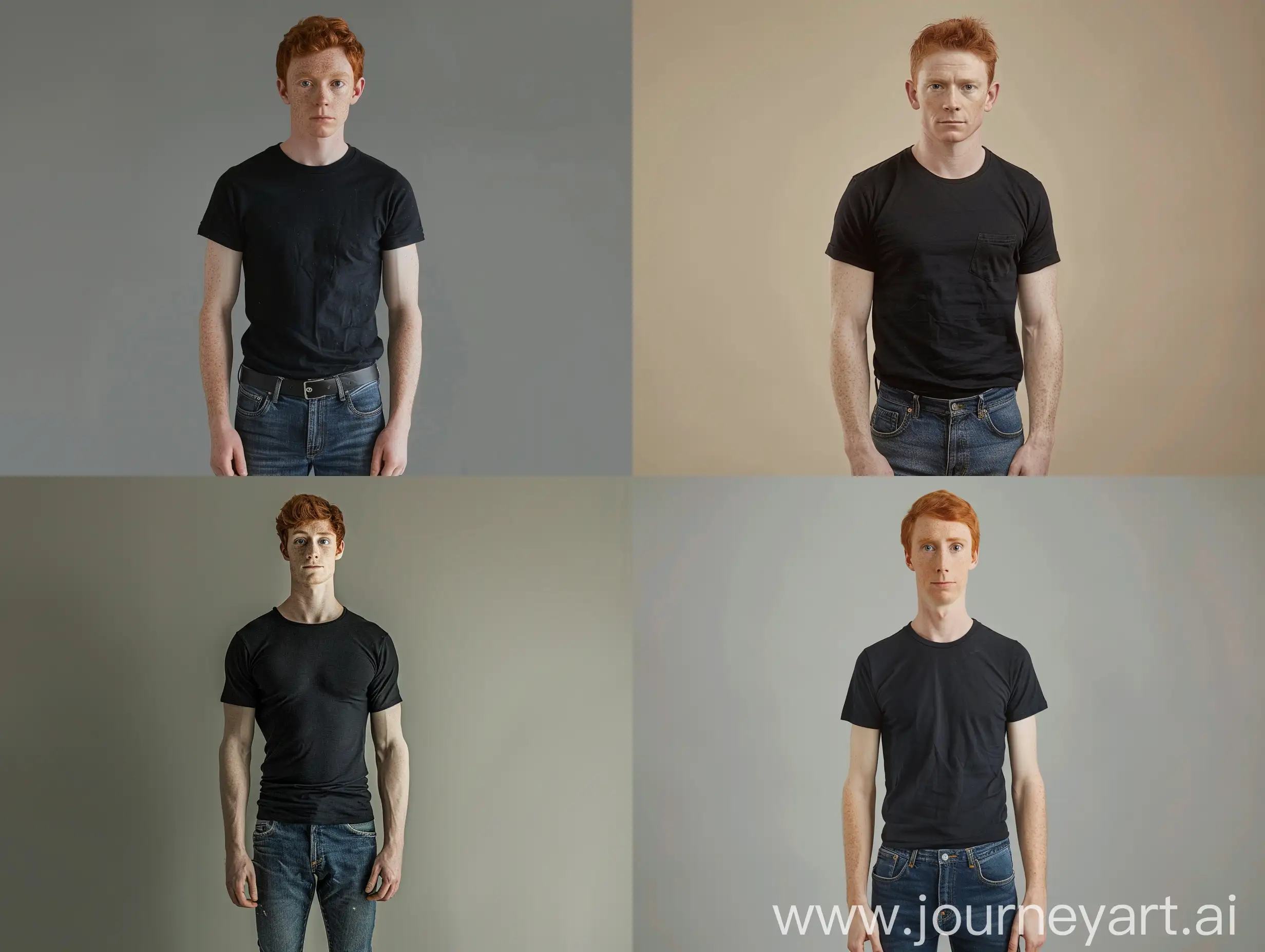 a man dressed like a polite-looking tall gentleman with red short hair, brown eyes, white skin, thin but muscular, wearing a black T-shirt and denim pants
