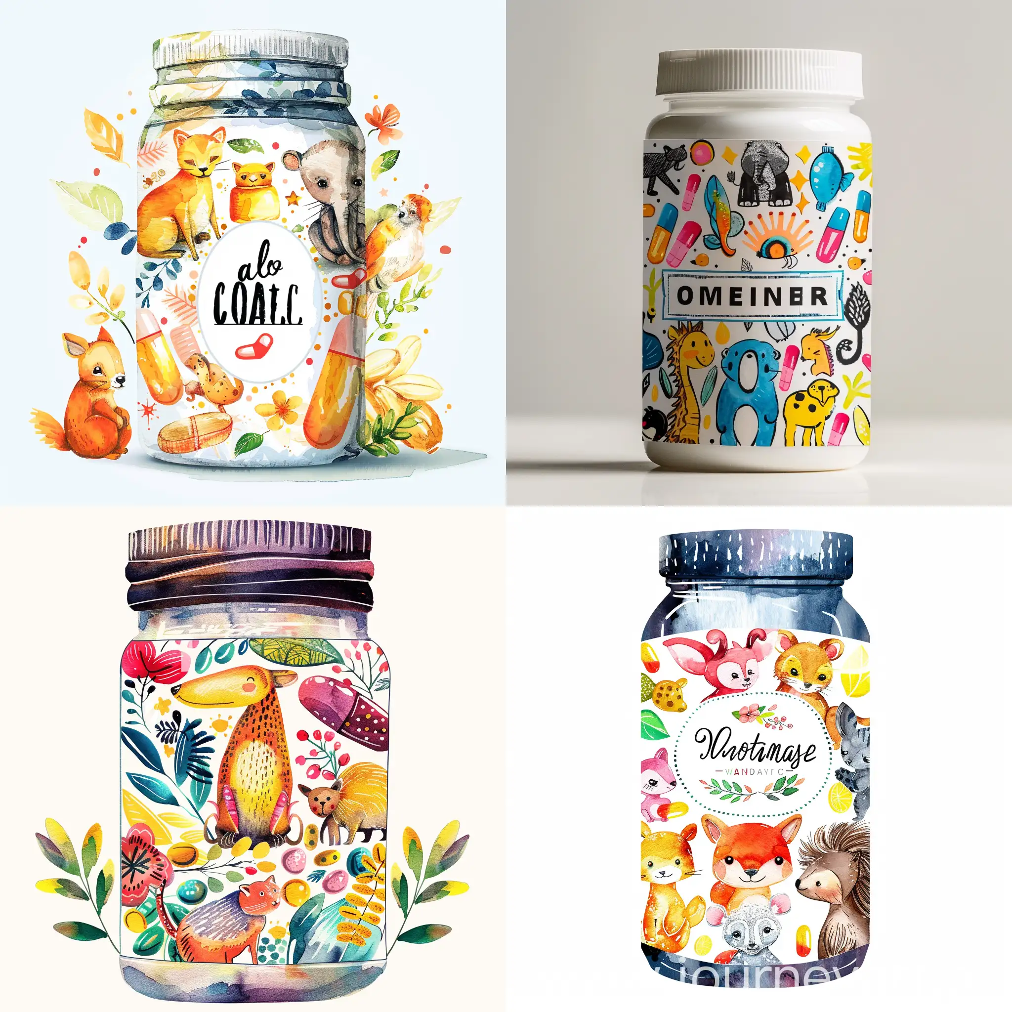 Vitamin label design, with bright watercolor animals, jar