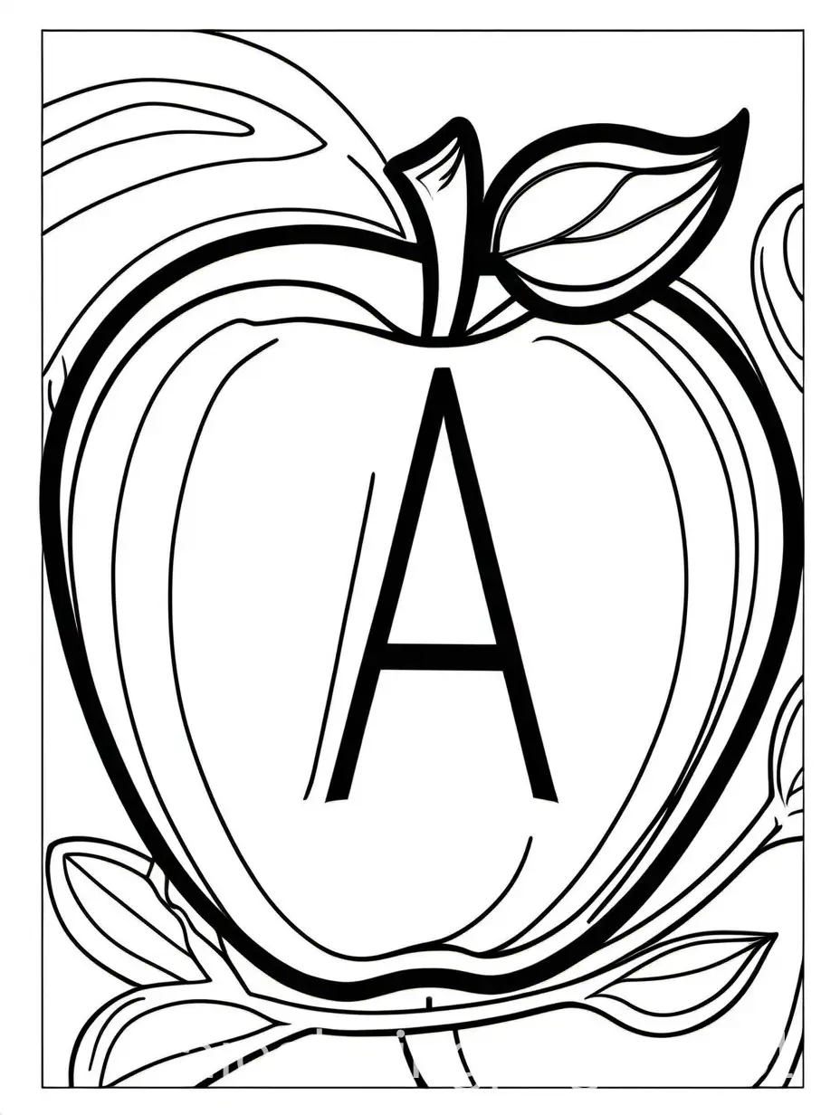 the letter A with an apple, coloring page , Coloring Page, black and white, line art, white background, Simplicity, Ample White Space. The background of the coloring page is plain white to make it easy for young children to color within the lines. The outlines of all the subjects are easy to distinguish, making it simple for kids to color without too much difficulty