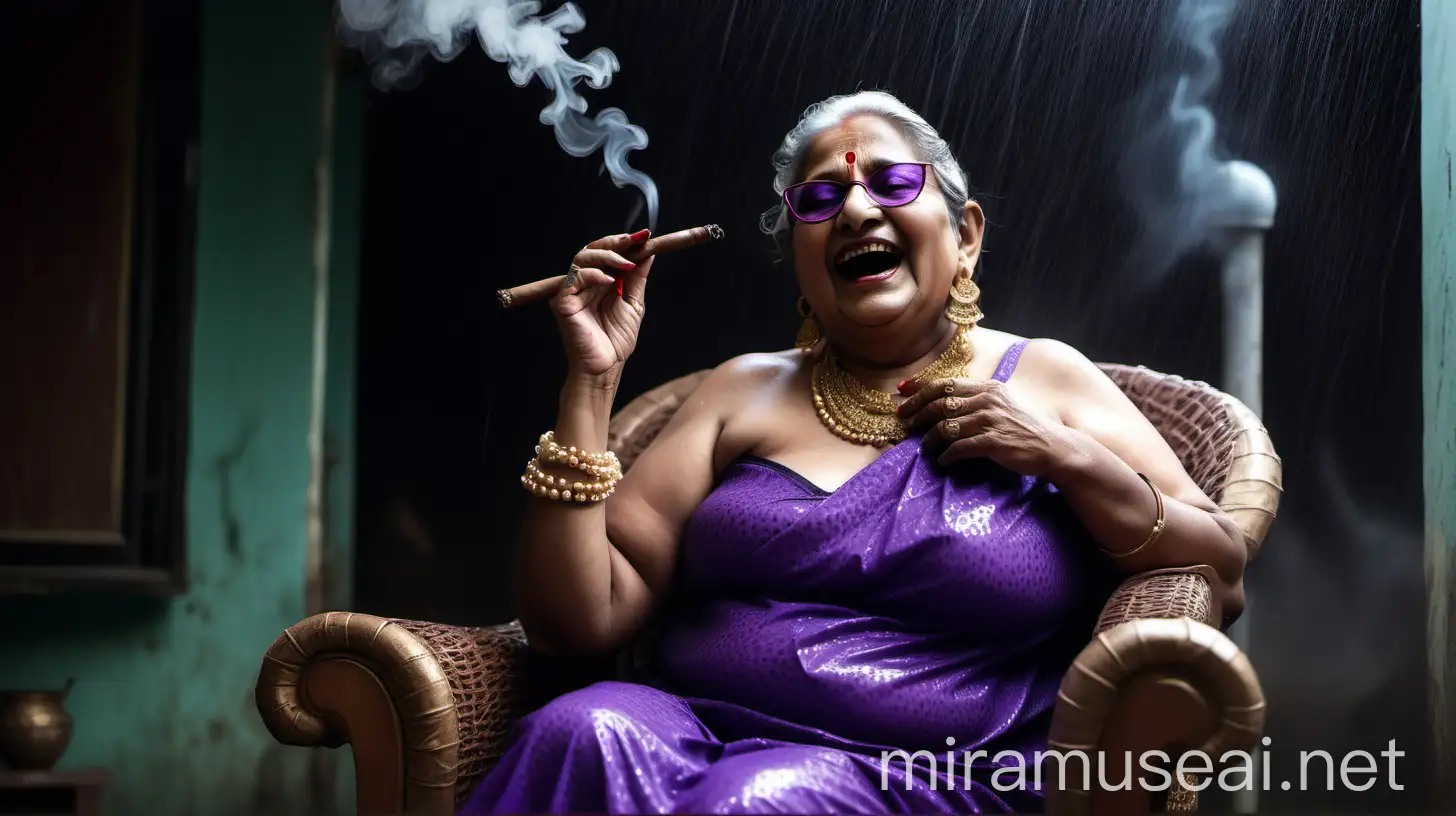 a indian  mature  fat woman having big stomach age 57 years old attractive looks with make up on face ,binding her high volume  bleached hairs, open  gajra bun Hairstyle. wearing metal anklet on feet and high heels, she is smoking a cigar in her hand  , smoke is coming out from cigar  . she is happy and laughing . she is wearing pearl neck lace in her neck , earrings in ears, a gold spectacles with chain holder on her eyes and   wearing  only a  
 purple Control Briefs on her body. she is sitting on a  rocking chair,. , in a luxurious Ceiling  and enjoying the rain  ,  three black cats are siting near her  and its night time . its raining very heavy . show images from back side.
