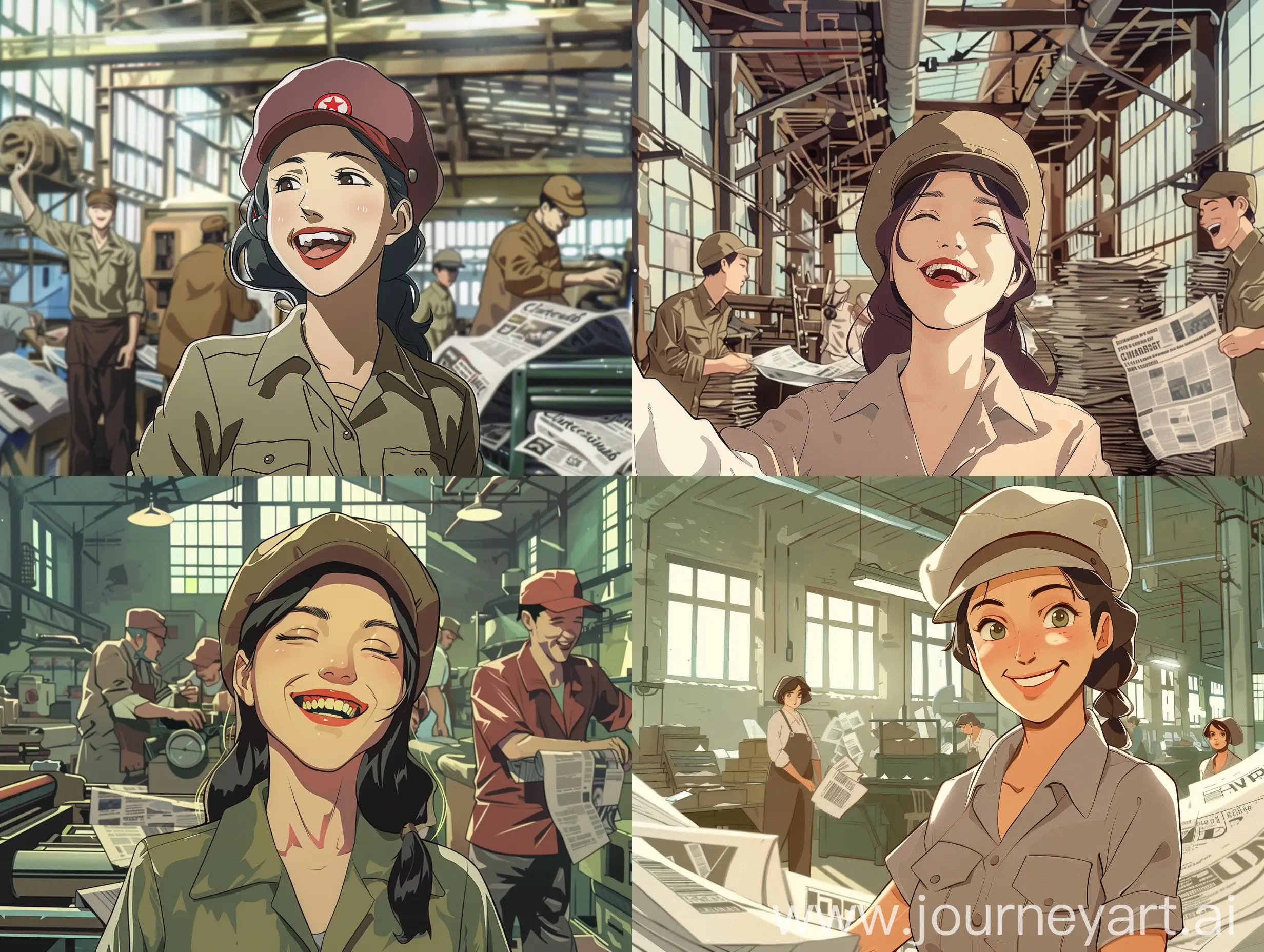 A communist woman in a proletarian cap in simple, no-frills clothes, happy. In the background there is a printing house, people work with paper and print newspapers. Anime style