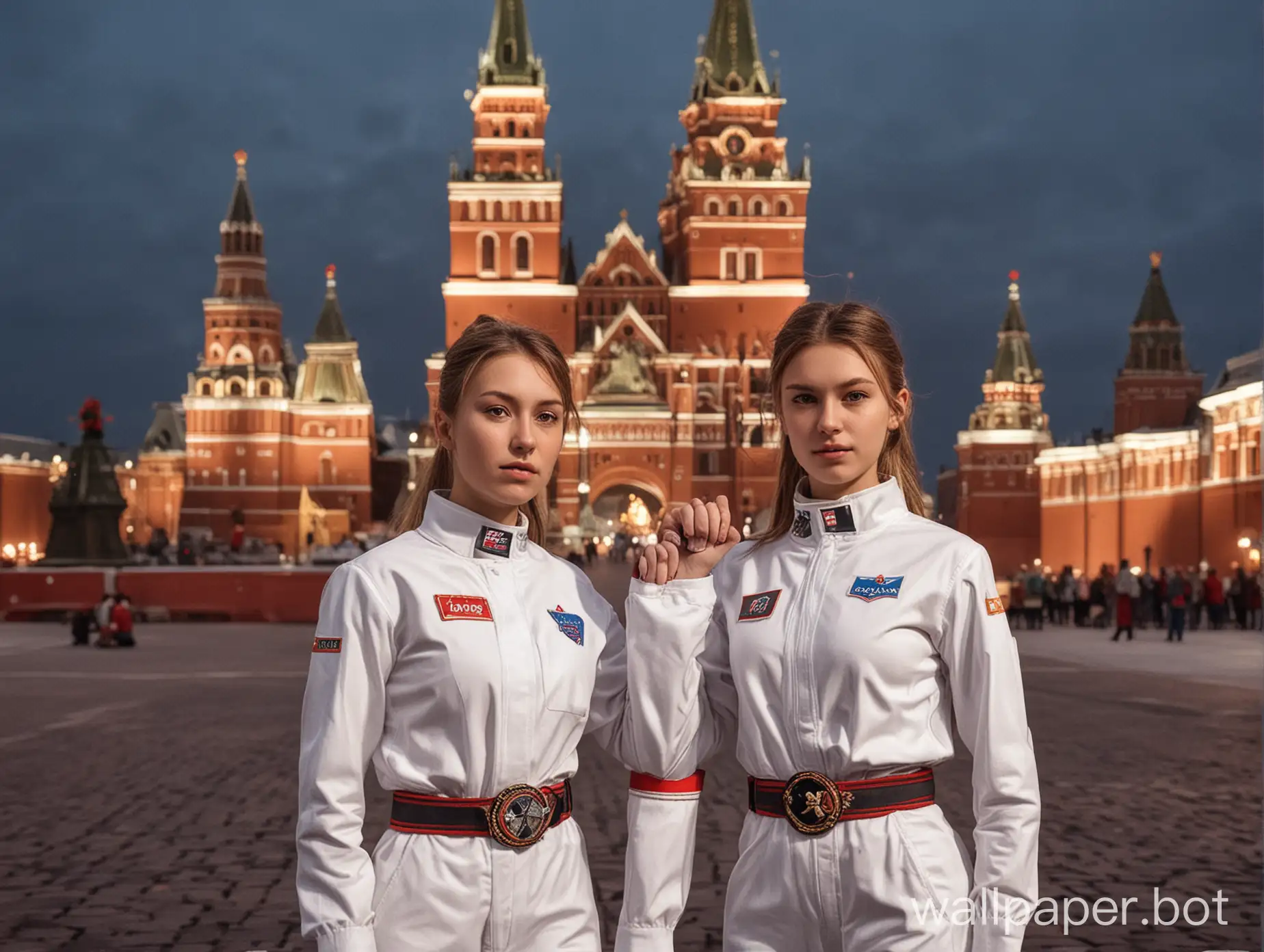 Twin girls from the game Atomic Nart against the backdrop of Red Square