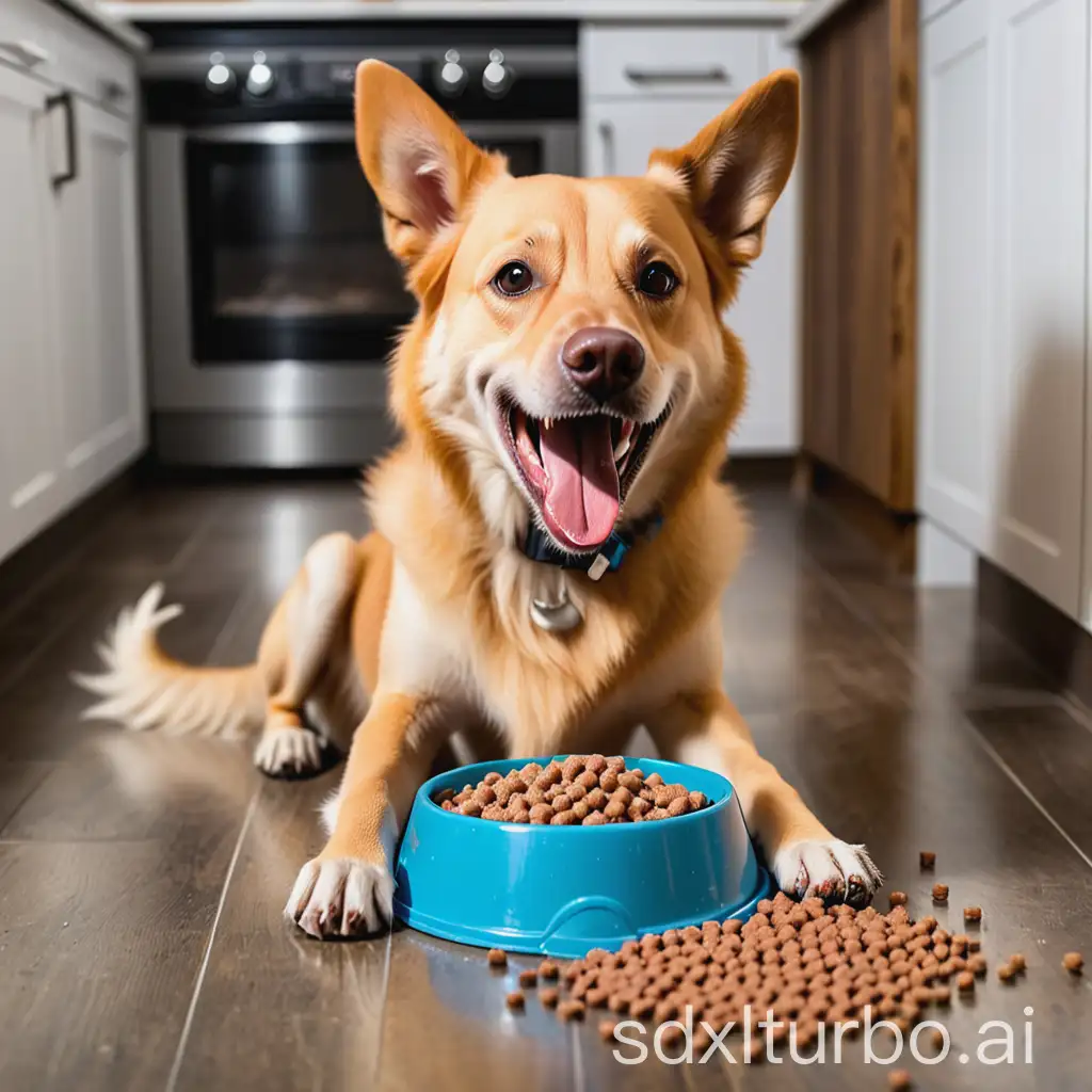 A dog happily eating a bowl of dog food. The dog is sitting on the floor with his tail wagging. The dog food is spilling out of the bowl onto the floor.