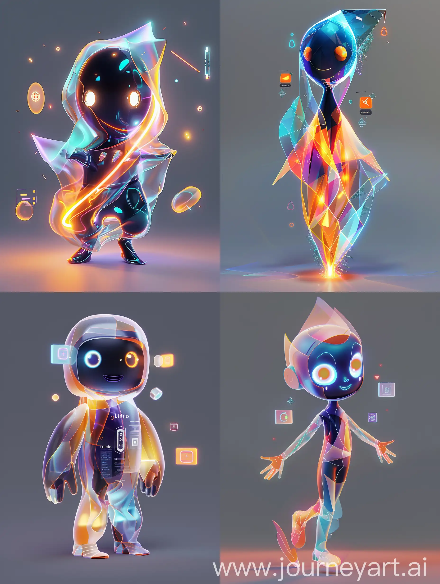 "Design a 3D character named Lumino, the narrator and guide for the 'Spire' template. Lumino should have a sleek, modern design that combines elements of light and geometric shapes. The character should have a semi-transparent, luminescent body with soft, glowing edges and a form that is fluid, incorporating abstract and geometric design elements. Use a color palette of deep blues, purples, and warm oranges with subtle gradients. Lumino should have expressive eyes, a welcoming smile, and a calm demeanor. Include small, holographic interfaces that float around Lumino, symbolizing its role as a guide and narrator. The character's movements should be smooth and fluid, reflecting its light and ethereal nature."pixar and disney 3D character style