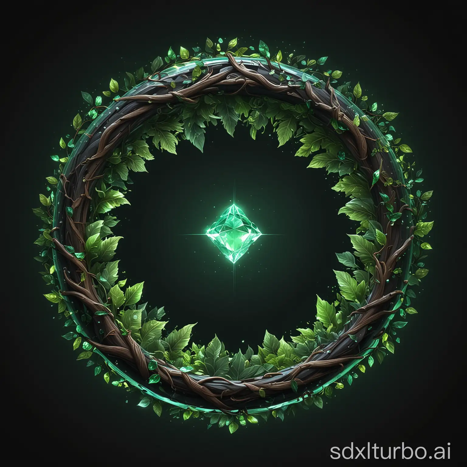 The circular logo of the fantasy game features leaves and branches framing an open crystal ring with green light inside, in the vector graphics style on a black background, in the style of game art, glowing light effects, vector graphics, vector illustration, bright colors, high resolution, high detail, realistic.