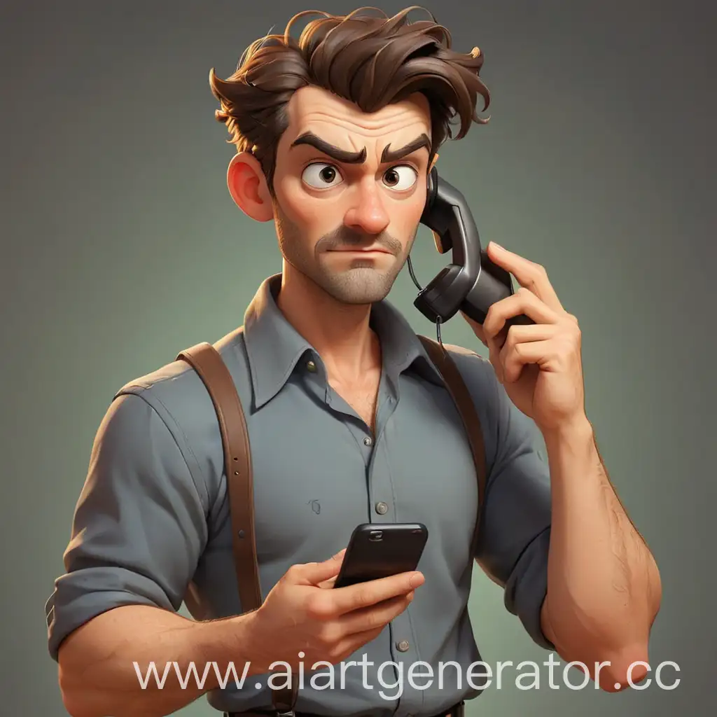 мультяшный красивый глупый мужчина с телефоном в руке