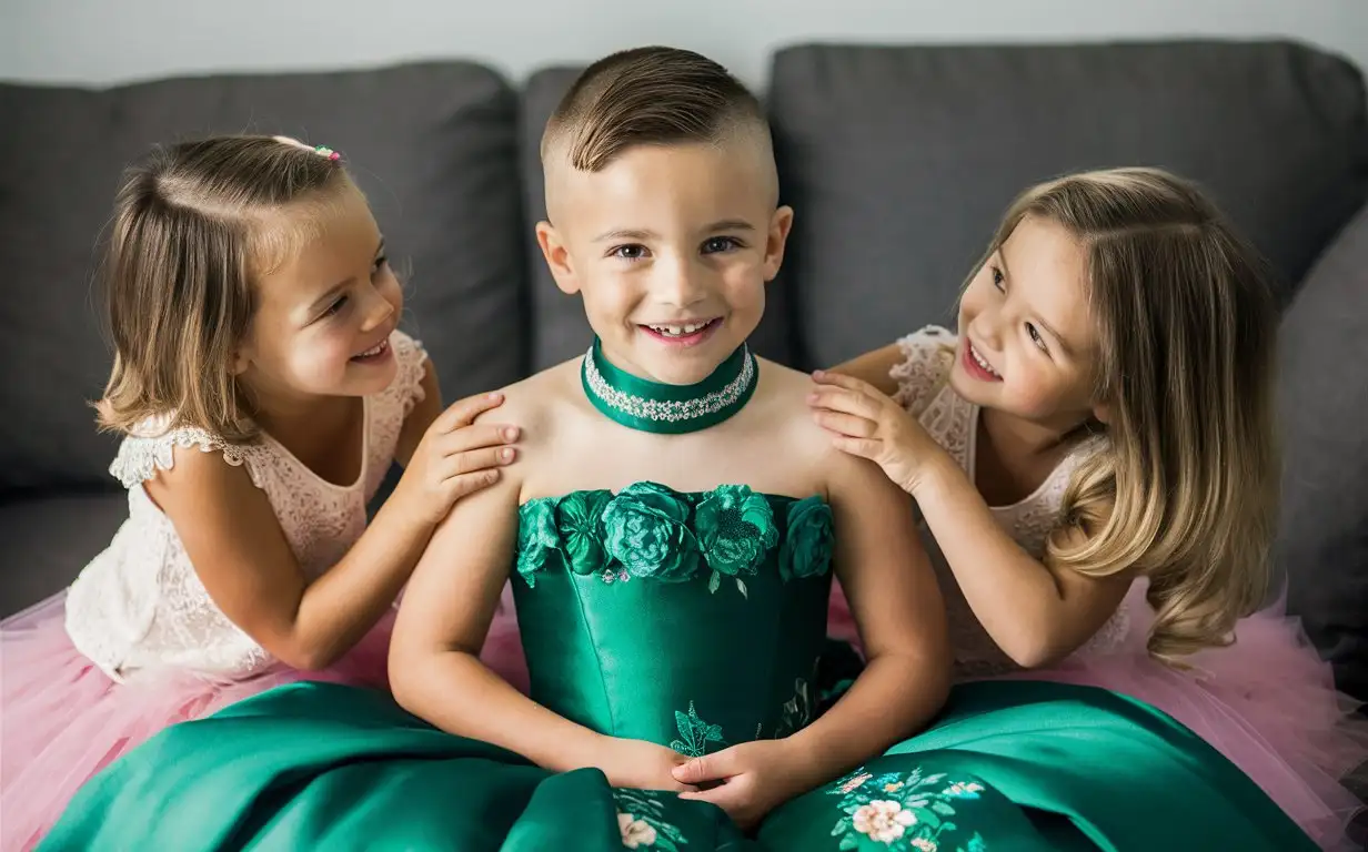 Photograph, a cute 10-year-old boy with short smart hair shaved on the sides sitting on a sofa, he has been dressed up in an extravagant strapless emerald gown with a flowery texture with a neck band, long silky gloves, by his 2 little sisters