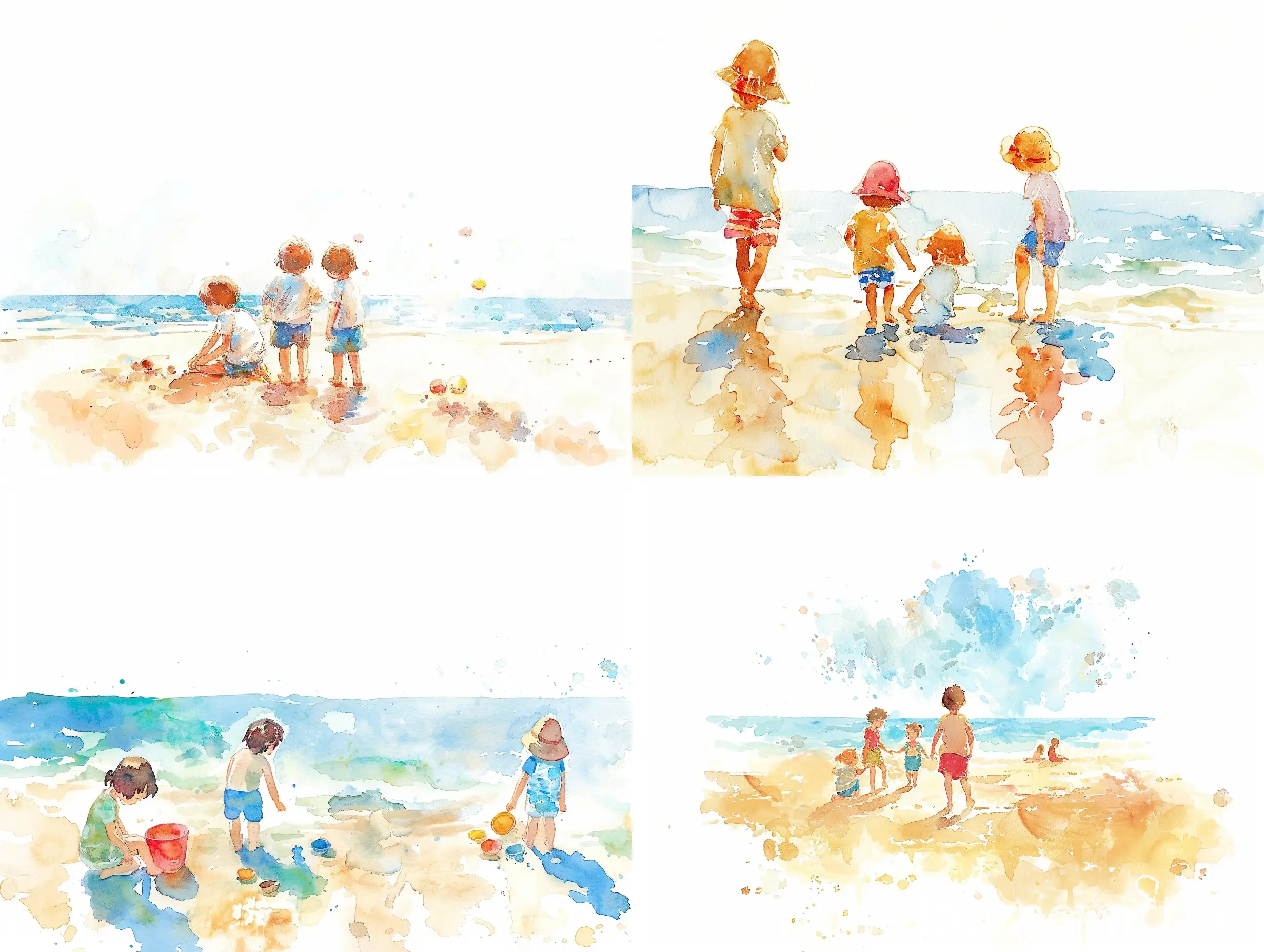 light watercolor, children playing at the beach, bright, white background, few details, dreamy, Studio Ghibli