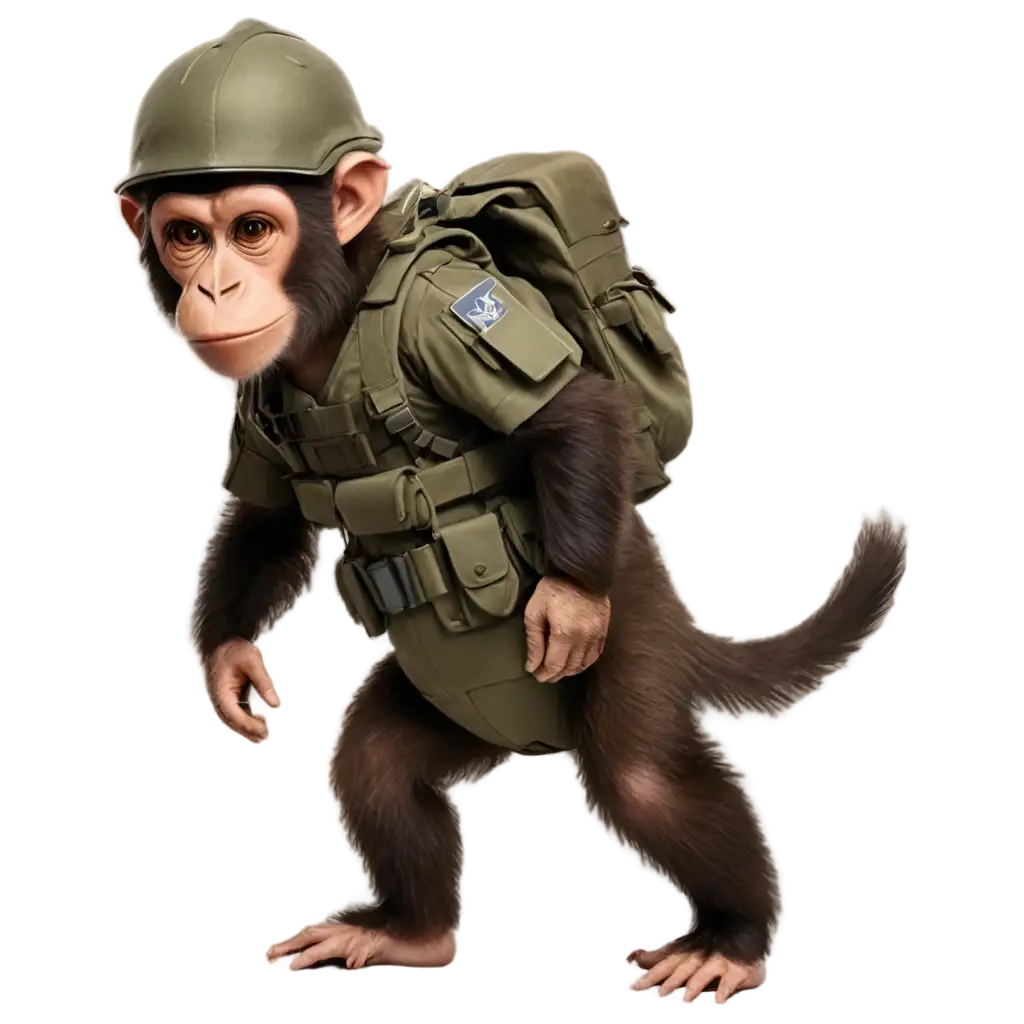 Tentara Monyet memakai baju tentara lengkap dengan helm dengan popok seperti Israel defence force
