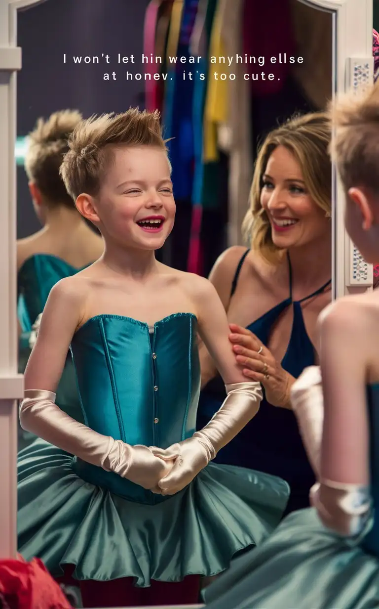 Gender role-reversal, Photograph of a Small 4-year-old white British boy with a cute face and short smart spiky blonde hair shaved on the sides, boy’s mother is taking him shopping for new clothes, the boy’s mother can’t resist having the boy try on a silky teal professional ballerina strapless corset dress with poofy sleeves and silky white gloves, the boy is laughing at himself in the mirror, adorable, perfect children faces, perfect faces, clear faces, perfect eyes, perfect noses, smooth skin, the photograph is captioned “I won’t let him wear anything else at home now it’s too cute”