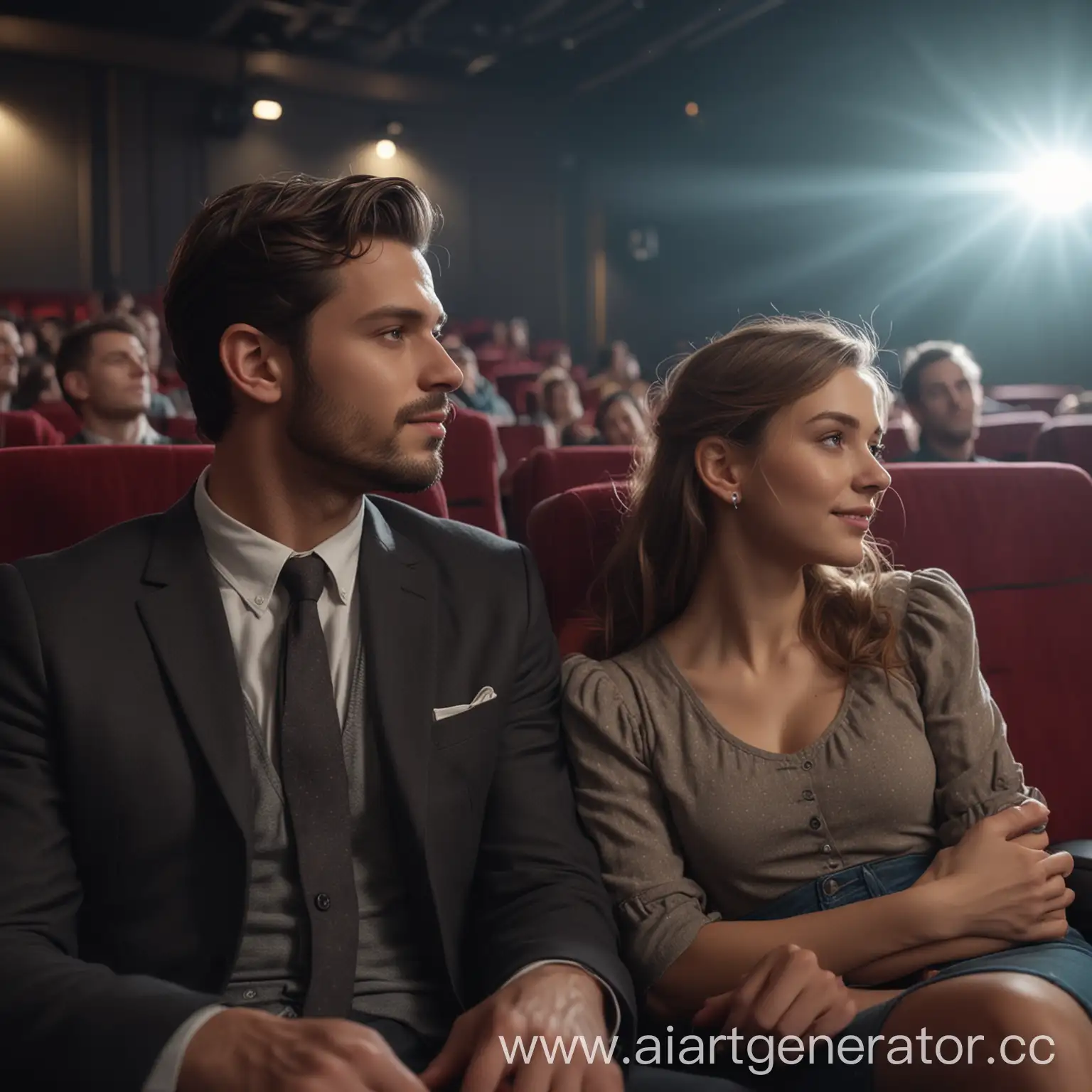 Пара влюблённых сидит в заднем ряду кинотеатра. огромное количество мелких деталей в супер-высоком качестве. Реалистичное изображение. Качество 8k