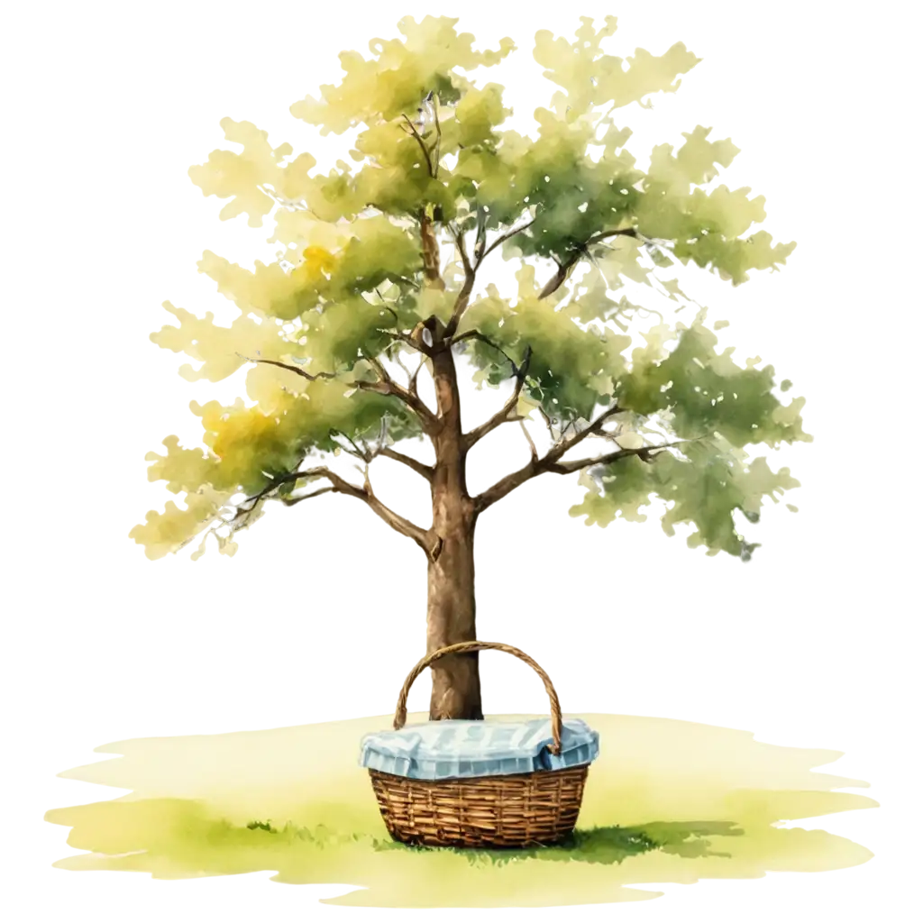 watercolor tree with picnic basket  earth tones