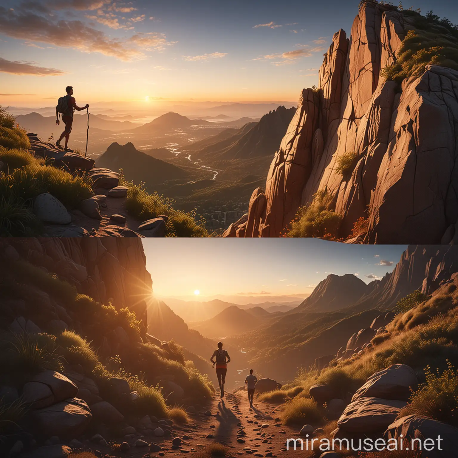 Image depicting diverse aspects of human potential and high performance. It features a person climbing a mountain, an individual meditating in a serene environment, and another person running on a trail at sunrise. Each scene captures a different dimension of achieving and unlocking human potential.