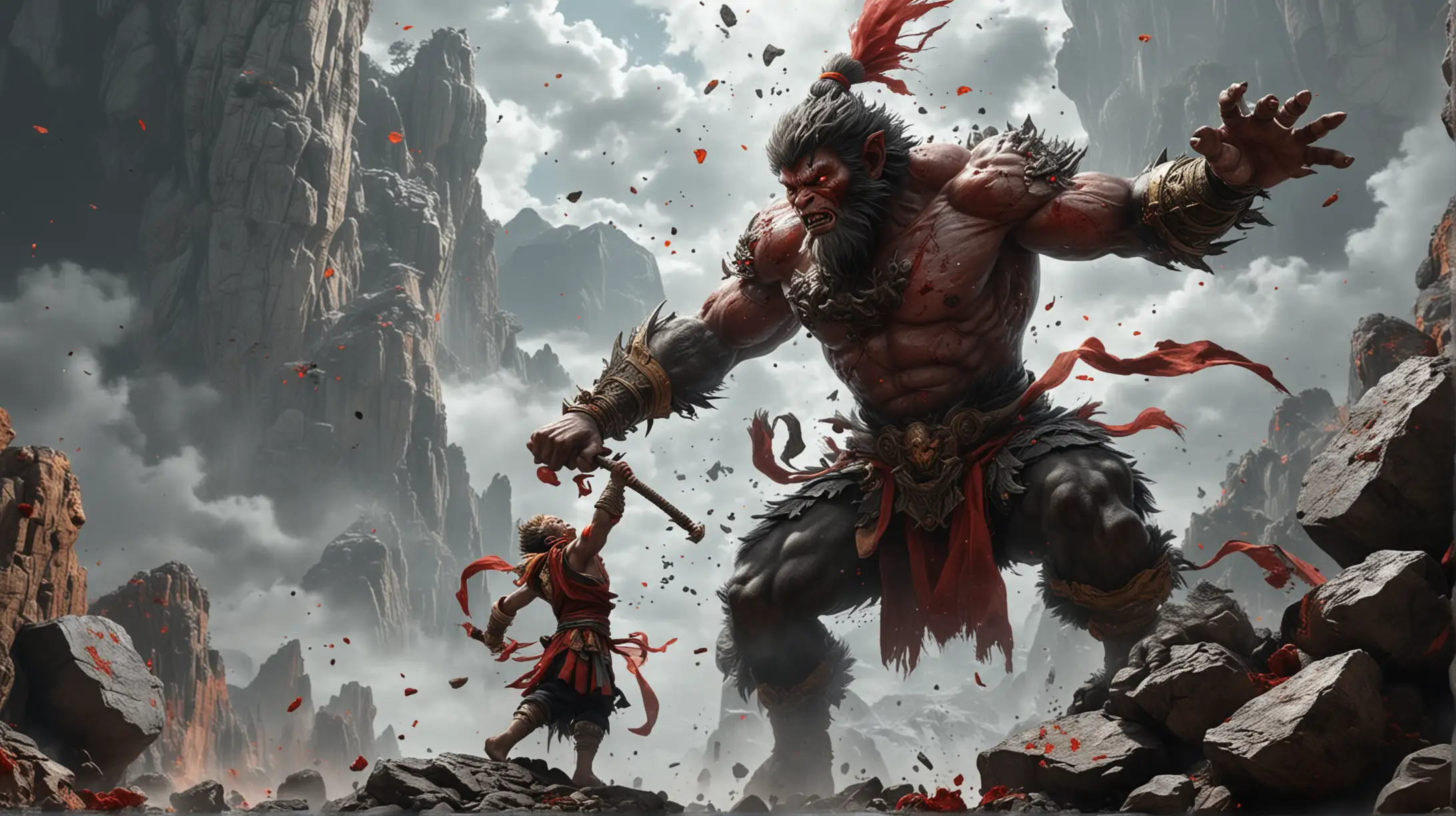 Generate a 4K hyperrealistic image depicting the son god wukong fighting a big stone giant, in the skies, all bloodied.