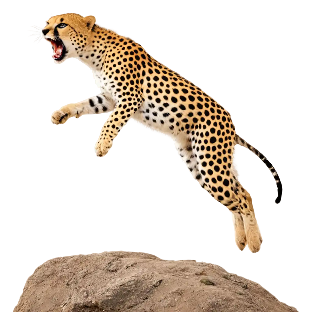 desert jumping cheetah in mid air with open mouth