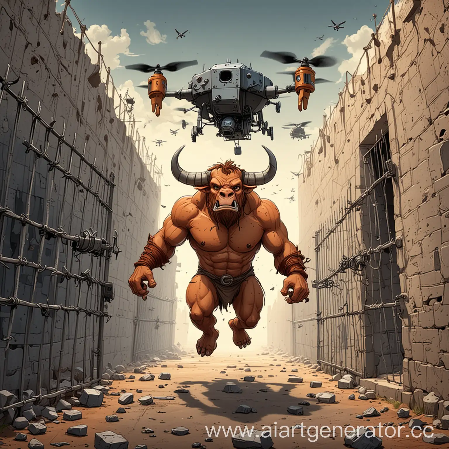 Cartoon-Minotaur-Escaping-Prison-from-Drones