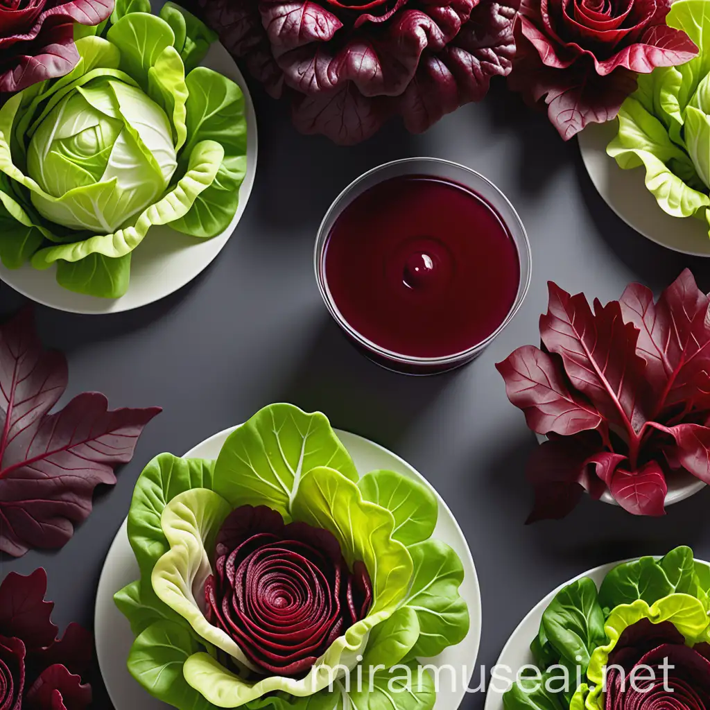 "Create a vibrant and eye-catching advertising poster for red merlot lettuce aimed at young people and children. The main focus is a large, fresh red merlot lettuce in the center, with its rich, red leaves vividly displayed. The background features a softly blurred farmers market scene with warm, complementary colors. Surrounding the lettuce, include a group of cheerful young people in casual, trendy clothing, each holding a red merlot lettuce, and a couple of them enjoying a salad made from the lettuce. In one corner, add a recognizable young celebrity or influencer, smiling and holding a lettuce. The slogan 'Try Red Merlot Lettuce! Healthy, Delicious, and Cool!' should be prominently displayed in large, colorful letters. Frame the main image with small illustrations of lettuce leaves. Use a color palette that includes deep reds, fresh greens, and accents of yellow and white."