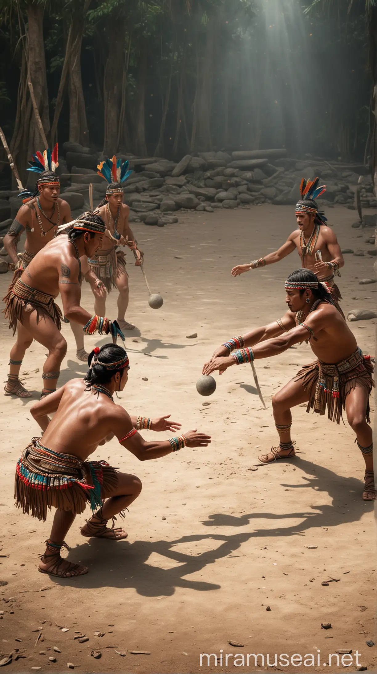 An illustration of Mayan players engaged in the Pokotar game, using their hips and knees to pass the ball through a ring. hyper realistic