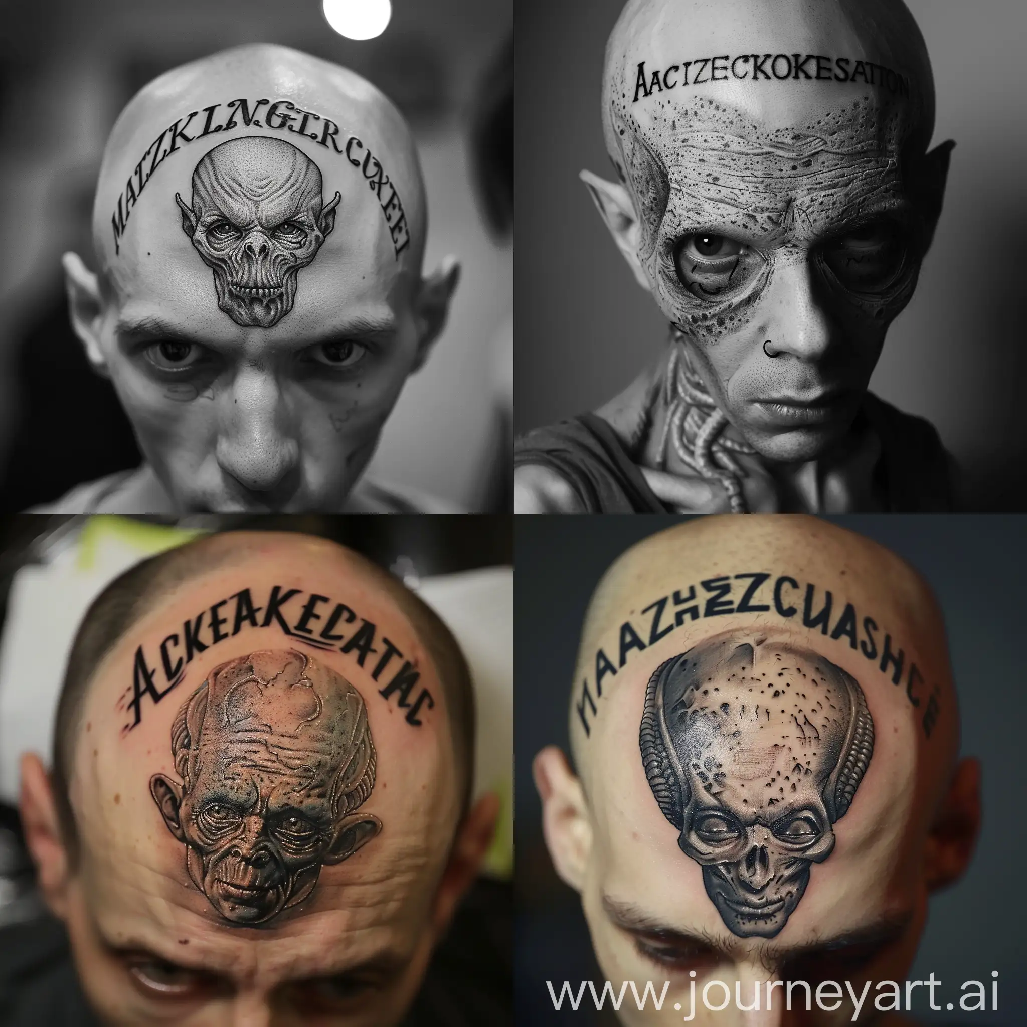 Инопланетянин с татуировкой на лбу. Татуировка в виде имени Александр