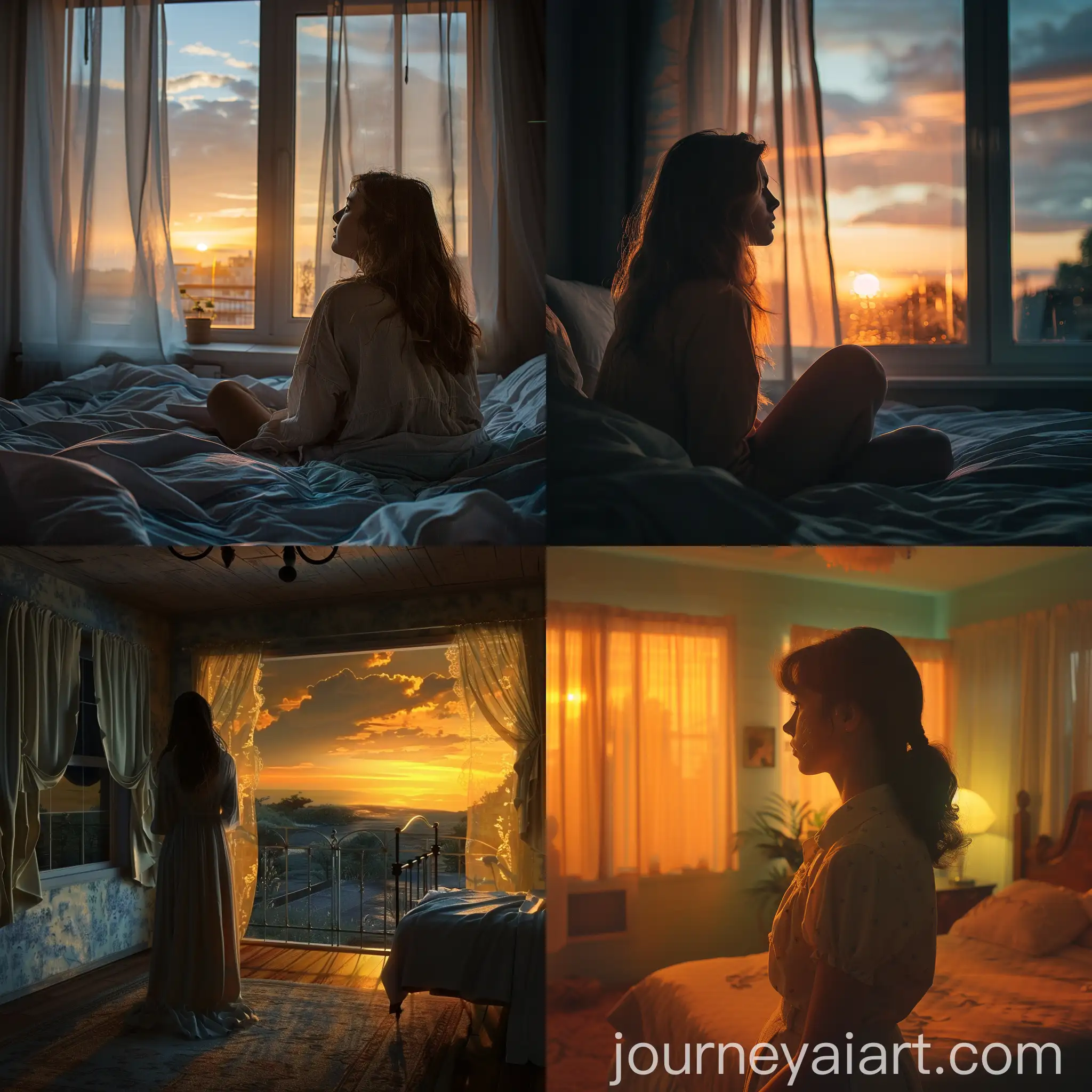 Young-Woman-Relaxing-in-Bedroom-at-Sunset