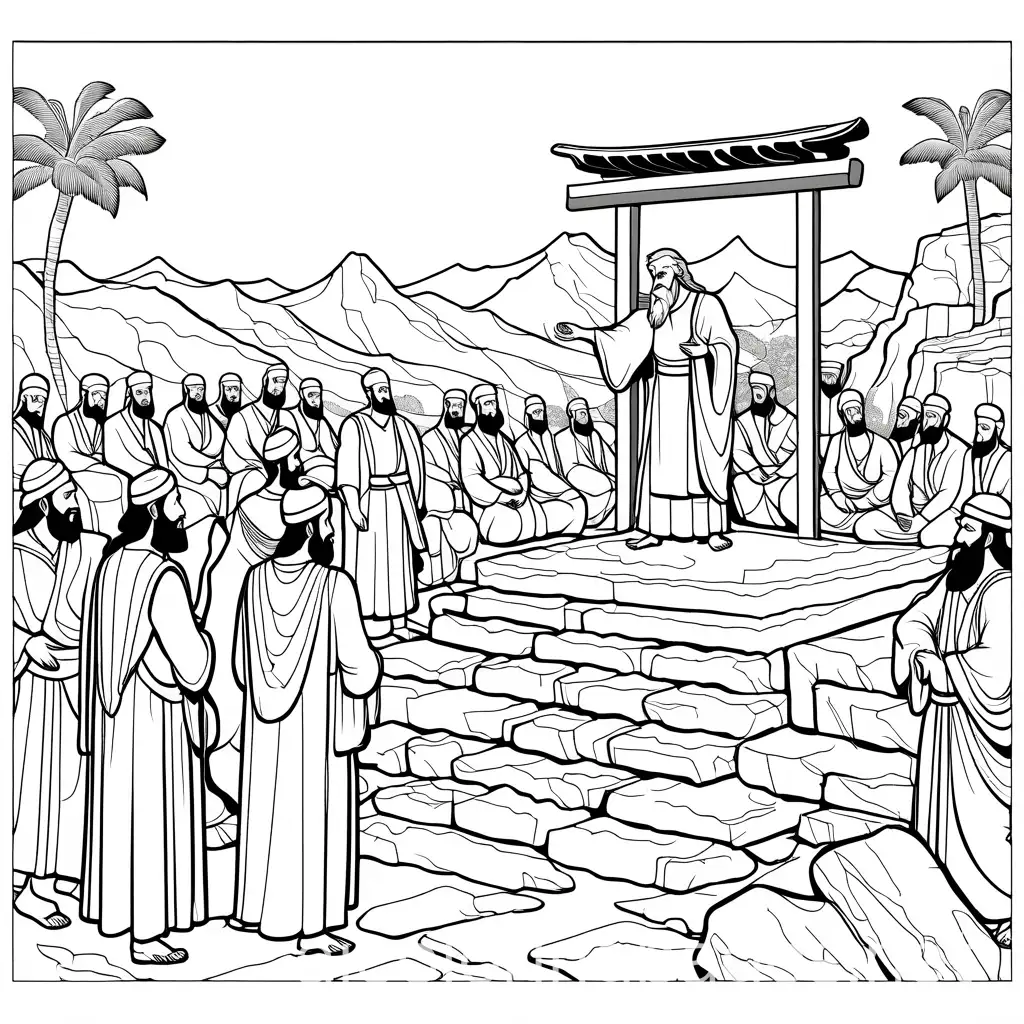 Old testament story of prophet Elijah & the prophets of Baal. Elijah sat on a stone nearby and watched the Prophets of baal dancing around a rectangular altar made of stone,  fifteen inches high at Mount Carmel, white and black, simplistic, white background, colouring image, Coloring Page, black and white, line art, white background, Simplicity, Ample White Space. The background of the coloring page is plain white to make it easy for young children to color within the lines. The outlines of all the subjects are easy to distinguish, making it simple for kids to color without too much difficulty