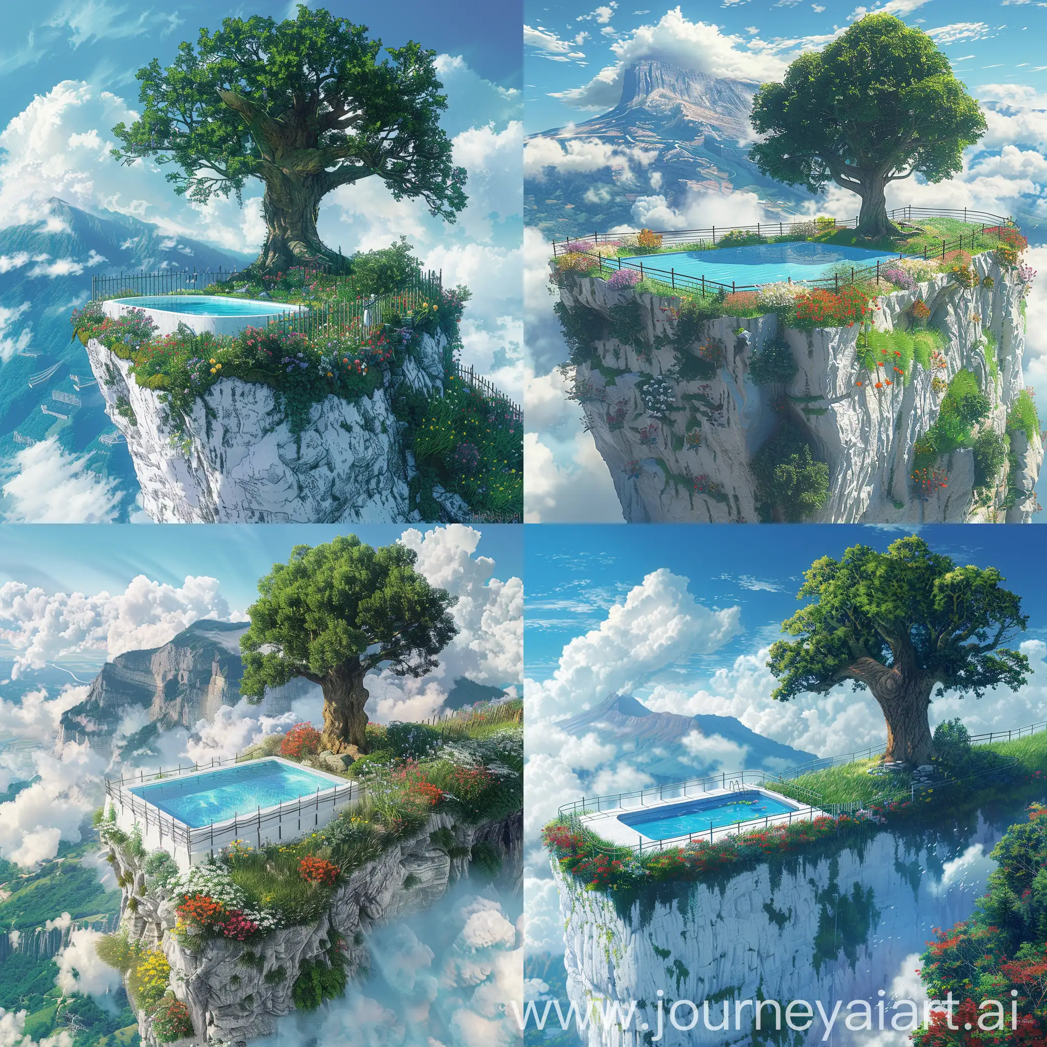 Ghibli-Anime-Style-Tranquil-Swimming-Pool-and-Towering-Oak-Tree-on-White-Cliff-Overlooking-Foggy-Mountains