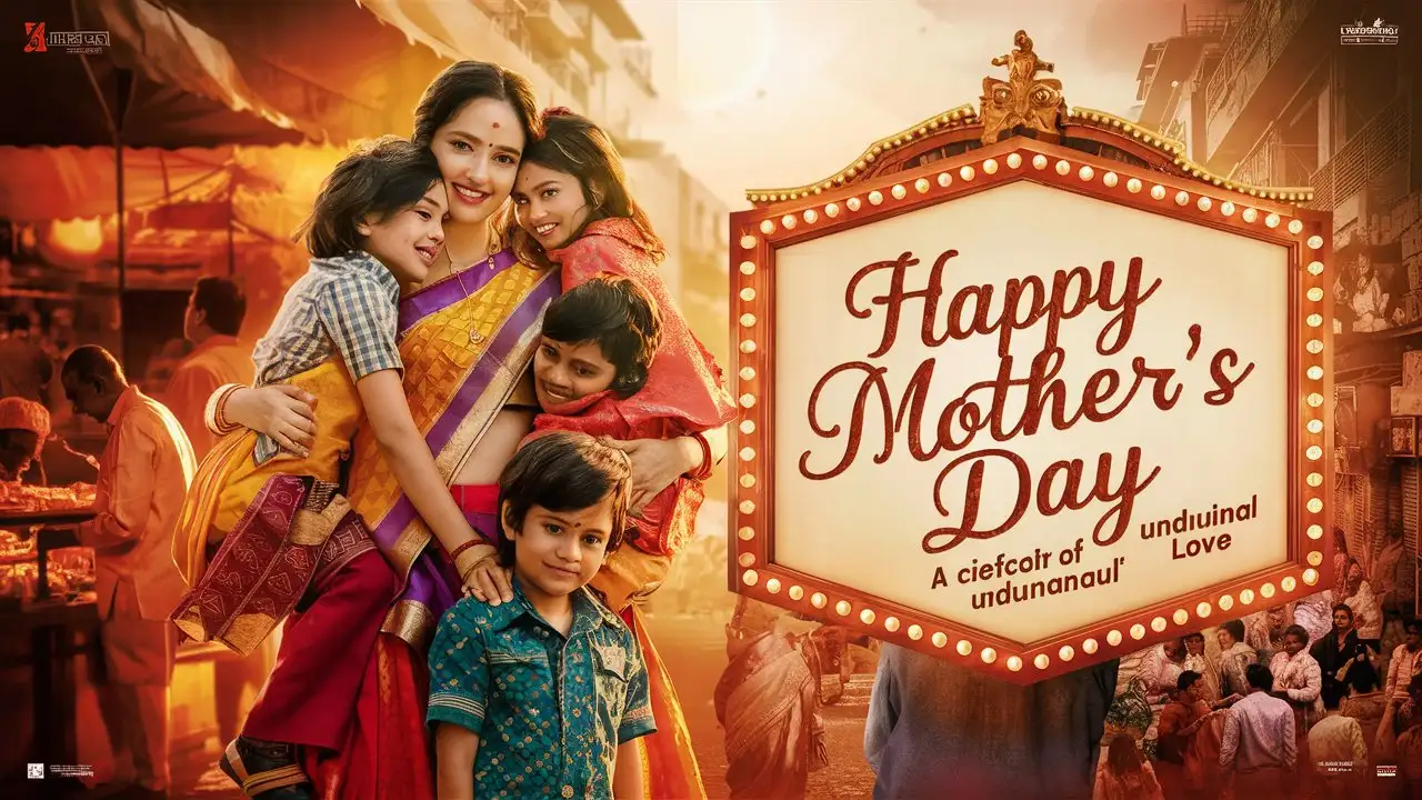 You're a creative graphic designer working on a new project to design a Bollywood-inspired movie poster. Your task is to design a poster for a movie titled : "Happy Mother's Day". The poster should encapsulate the essence of a heartwarming family drama centered around the theme of motherhood. You need to incorporate vibrant colors, emotional elements, and traditional Bollywood flair to make the poster visually appealing and captivating for the audience. Make sure to include key elements like the movie title, captivating visuals, and relevant taglines to evoke intrigue and interest among viewers. --- When designing a Bollywood movie poster, I usually focus on creating a visually striking composition that captures the essence of the movie's theme. I incorporate rich colors, intricate design elements, and compelling imagery to grab the audience's attention. For a movie like "Happy Mother's Day," I would highlight the emotional bond between a mother and her children, using vibrant hues and traditional Bollywood motifs to infuse the poster with a sense of warmth and authenticity.