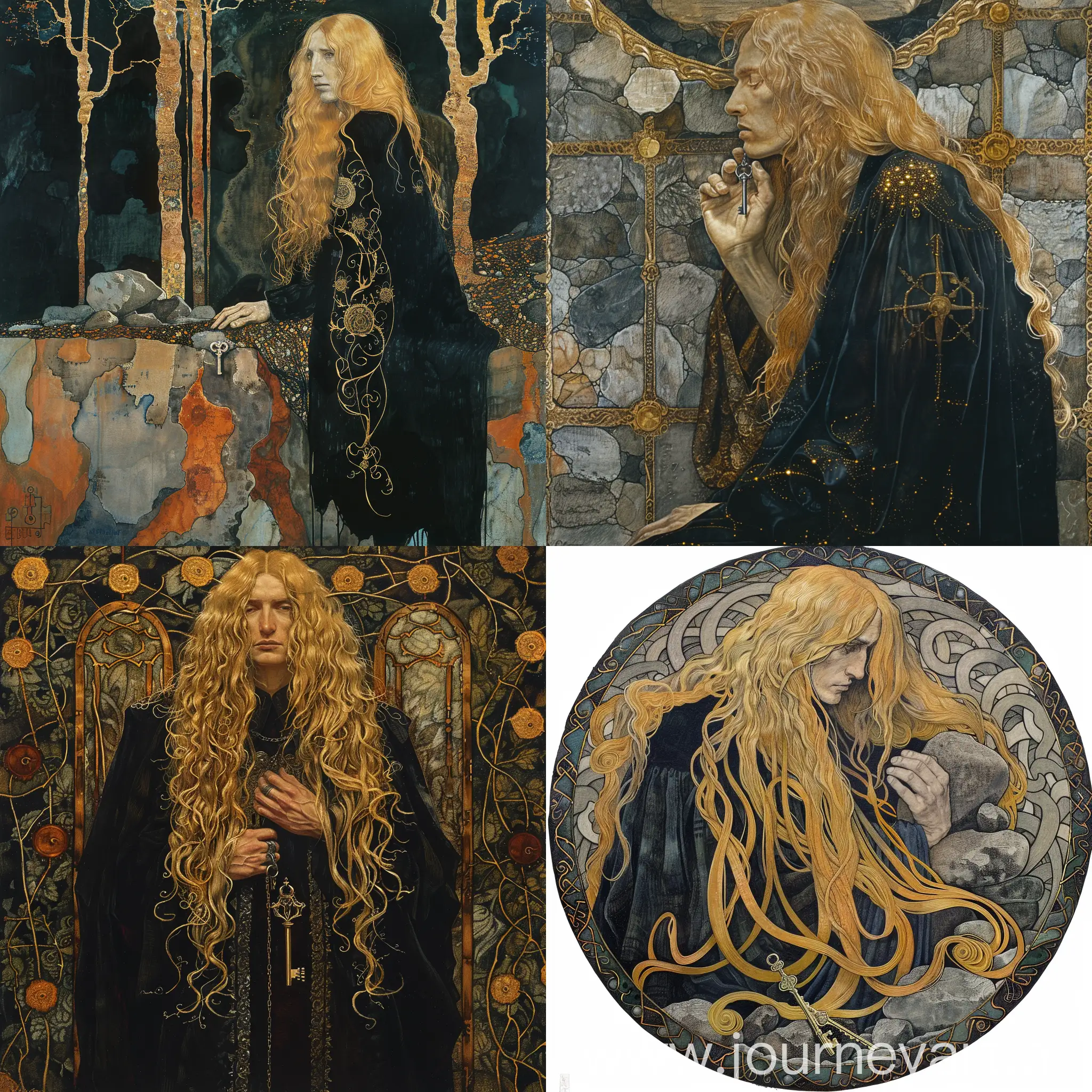 Man with long golden hair, in the black mantle, keys, rocks, art nouveau