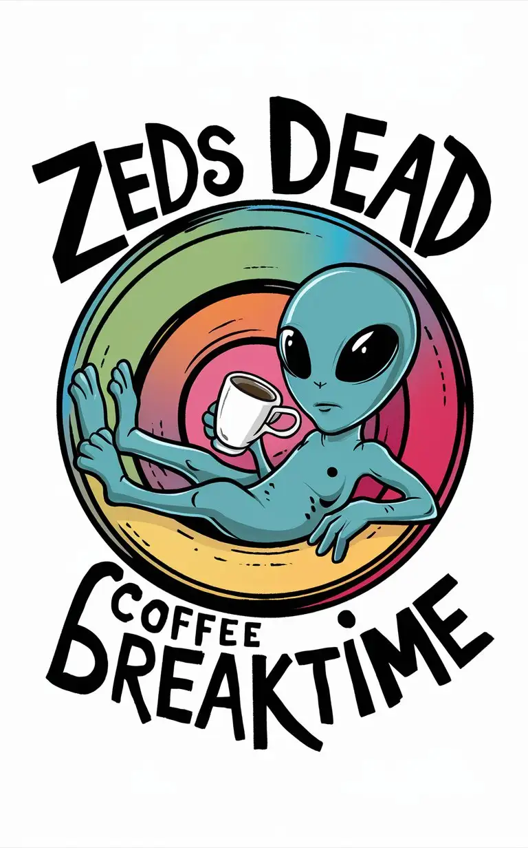 the words "Zeds Dead" & "Coffee Breaktime" in a background in a cute font and colorful with a cute alien sipping coffee i a circle
