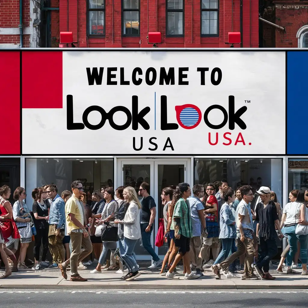 a huge simple ad board or a store
the character says: WELCOME TO LOOKLOOK USA