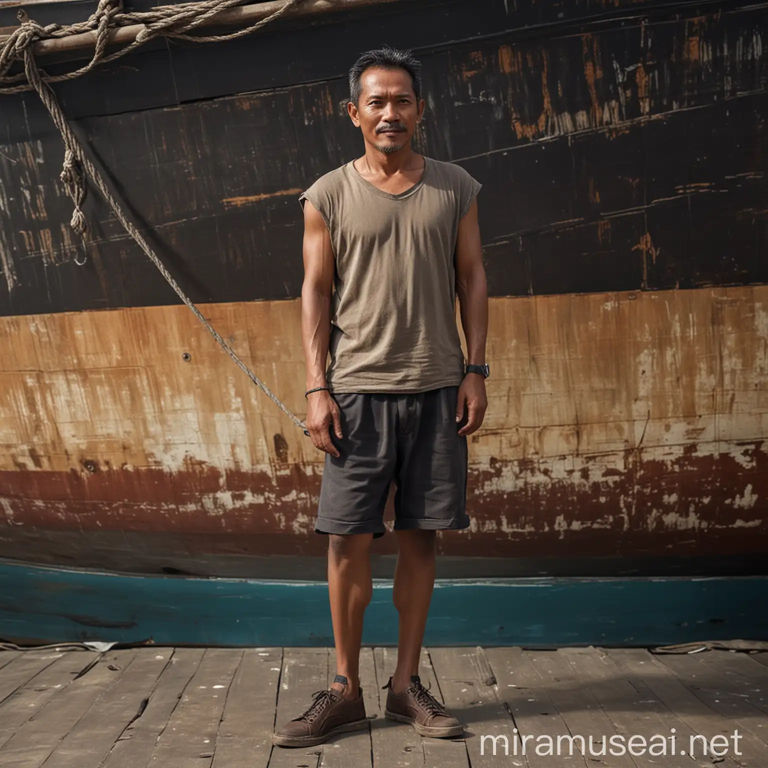 foto realistis. seorang pria indonesia umur 55 tahun, kulit sawo matang, Undercut, wajah mulus. memakai sepatu. terlihat kapal. terlihat seluruh tubuh. HD