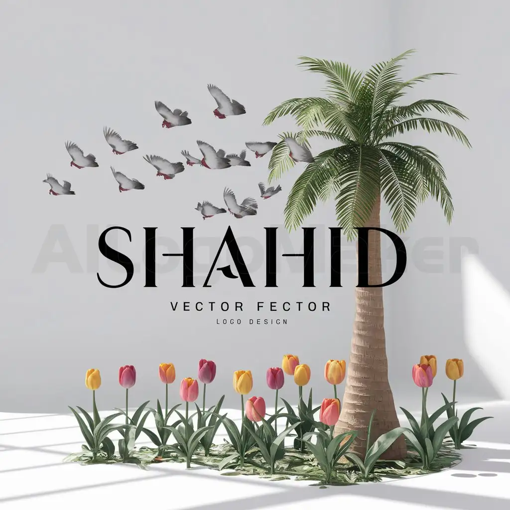 a logo design,with the text "SHAHID", main symbol:The flight of some small pigeons from inside the trunk of the palm tree and the growth of tulips under the palm tree,Minimalistic,clear background