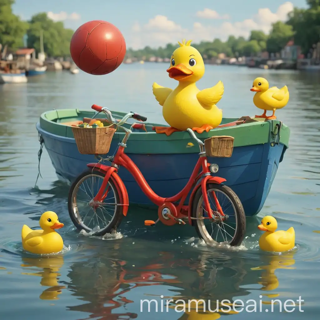 2D cartoon, red bicycle, blue ball, green boat, yellow duck