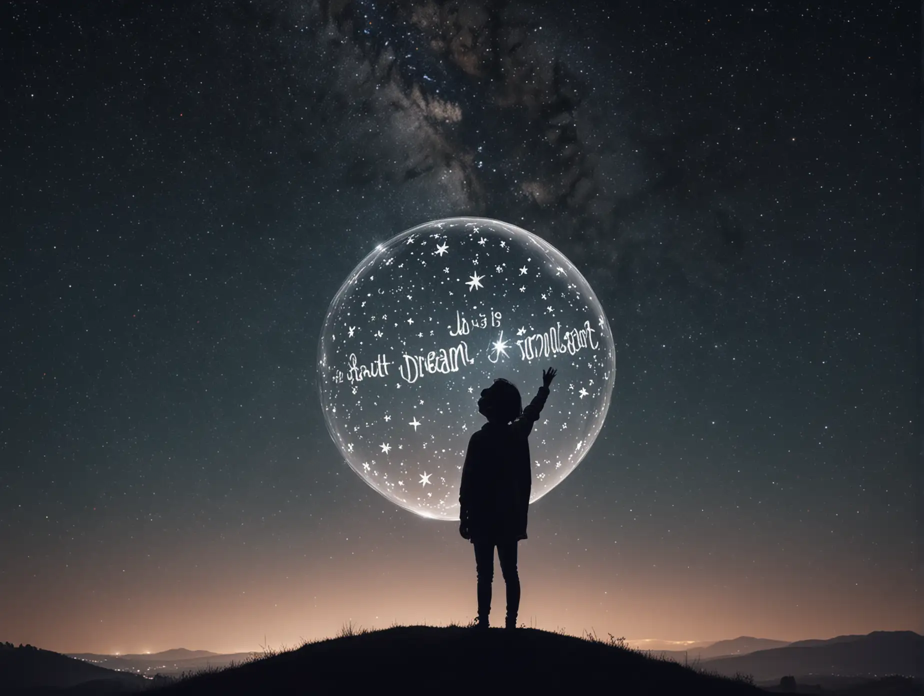 A silhouette of a person standing on a hilltop, looking up at the starry sky. The person's head is replaced by a big dream bubble with the words 'What is your dream?' inside.