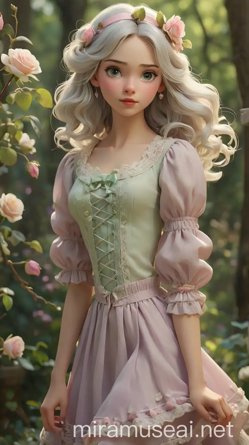 A delicate and ethereal young woman, with a gentle presence and an air of grace that surrounds her. She has a petite and slender build, with porcelain skin and delicate features that evoke the innocence of her mother, Snow White. The Young Woman's hair is a cascade of silky white locks, styled in soft waves that frame her face with timeless elegance. Her eyes are a mesmerizing shade of soft lilac, shimmering with kindness and compassion, reflecting her gentle soul and pure heart. Her outfit embodies a fusion of 2020s classical softie, angelcore, and balletcore aesthetics, with coquette and fairy tale elements woven throughout. She wears a delicate snow white dress adorned with intricate pastel green lace and rose embroidery, reminiscent of the lush forests and meadows where she spent her childhood with her mother, Snow White. The dress features a sweetheart neckline and a flowing skirt that billows around her with every step, adding a touch of romance and whimsy to her ensemble. Over the dress, The Young Woman wears a soft lilac cardigan embellished with delicate floral appliques, adding warmth and charm to her look. She accessorizes with rose pink ballet flats adorned with satin ribbons, ensuring both style and comfort for her daily activities. The Young Woman's hair is adorned with a delicate floral headband in shades of rose pink and pastel green, adding a touch of fairy tale enchantment to her appearance. She carries a vintage-inspired book bag adorned with embroidered roses and lace, a nod to her love for literature and storytelling. Overall, The Young Woman exudes an aura of innocence and grace, blending elements of tradition, fantasy, and romance in her captivating fashion choices. She is a gentle soul with a kind heart, destined to spread joy and beauty wherever she goes. 