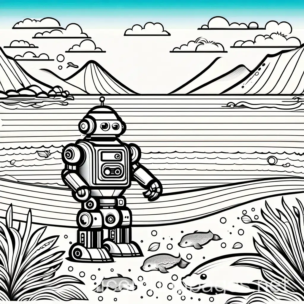 robot and otters at the beach, Coloring Page, black and white, line art, white background, Simplicity, Ample White Space. The background of the coloring page is plain white to make it easy for young children to color within the lines. The outlines of all the subjects are easy to distinguish, making it simple for kids to color without too much difficulty