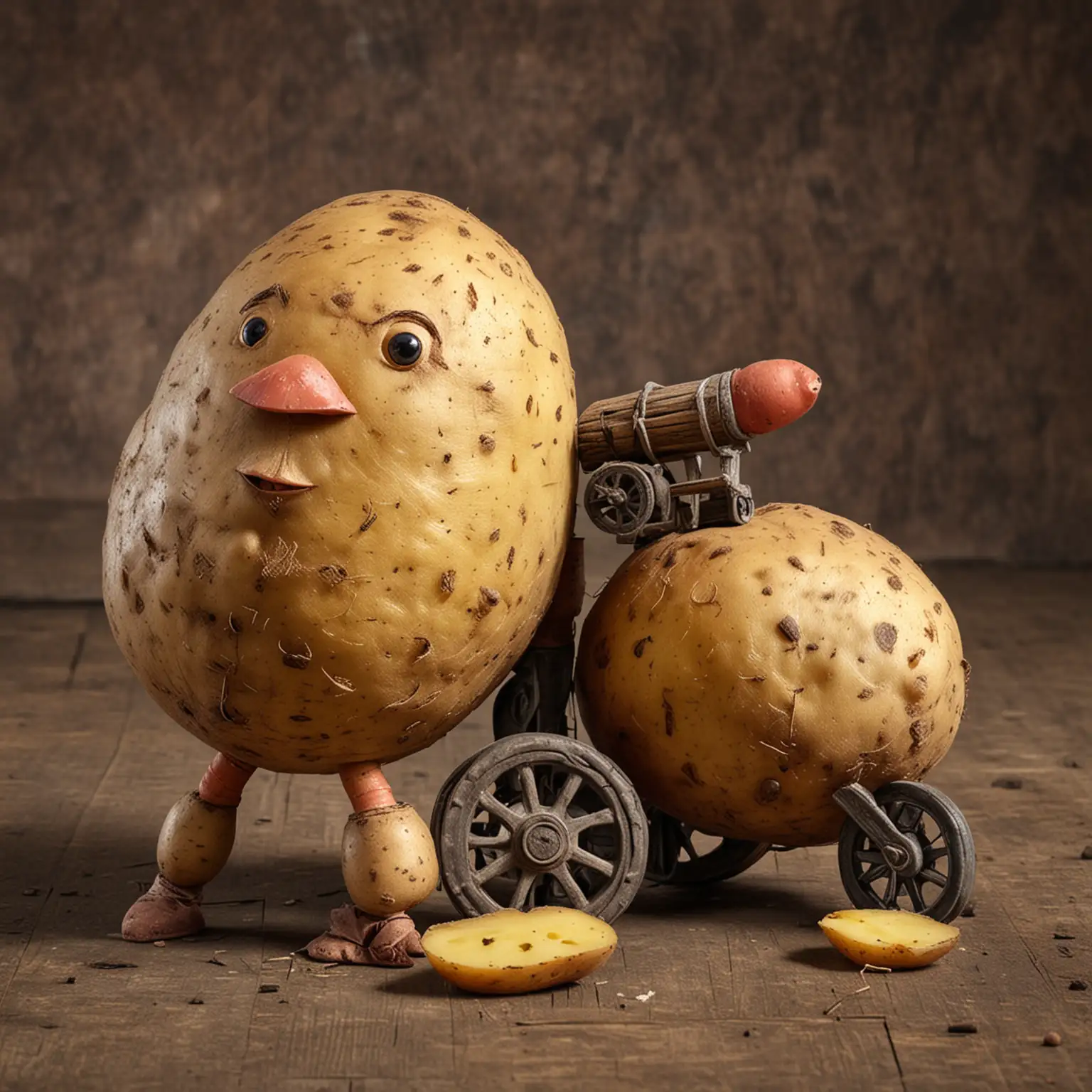 Potato with Leg and Wheel Whimsical Potato Character with Mechanical Enhancements