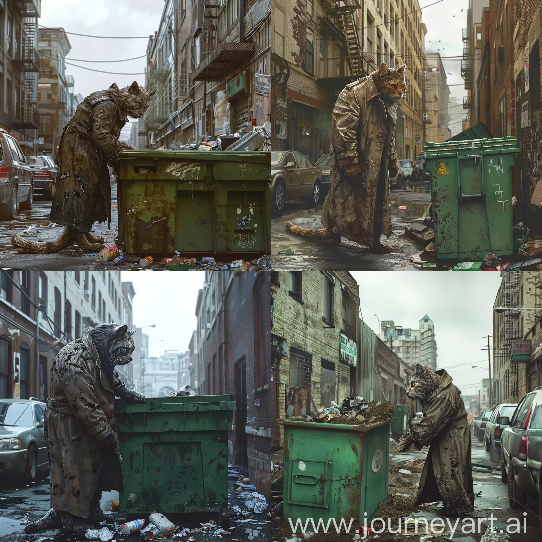 a photorealistic scene depicting a large anthropomorphic cat wearing a worn and dirty trench coat while rummaging through a green dumpster in an urban alleyway. The backdrop should include old, weathered buildings with some peeling paint, parked cars along the street, and scattered garbage on the ground. The overall atmosphere should feel gritty, with a cold, overcast sky providing a sense of melancholy. The cat character should have detailed fur with patches of dirt and a focused expression while searching through the trash, blending seamlessly into the urban environment