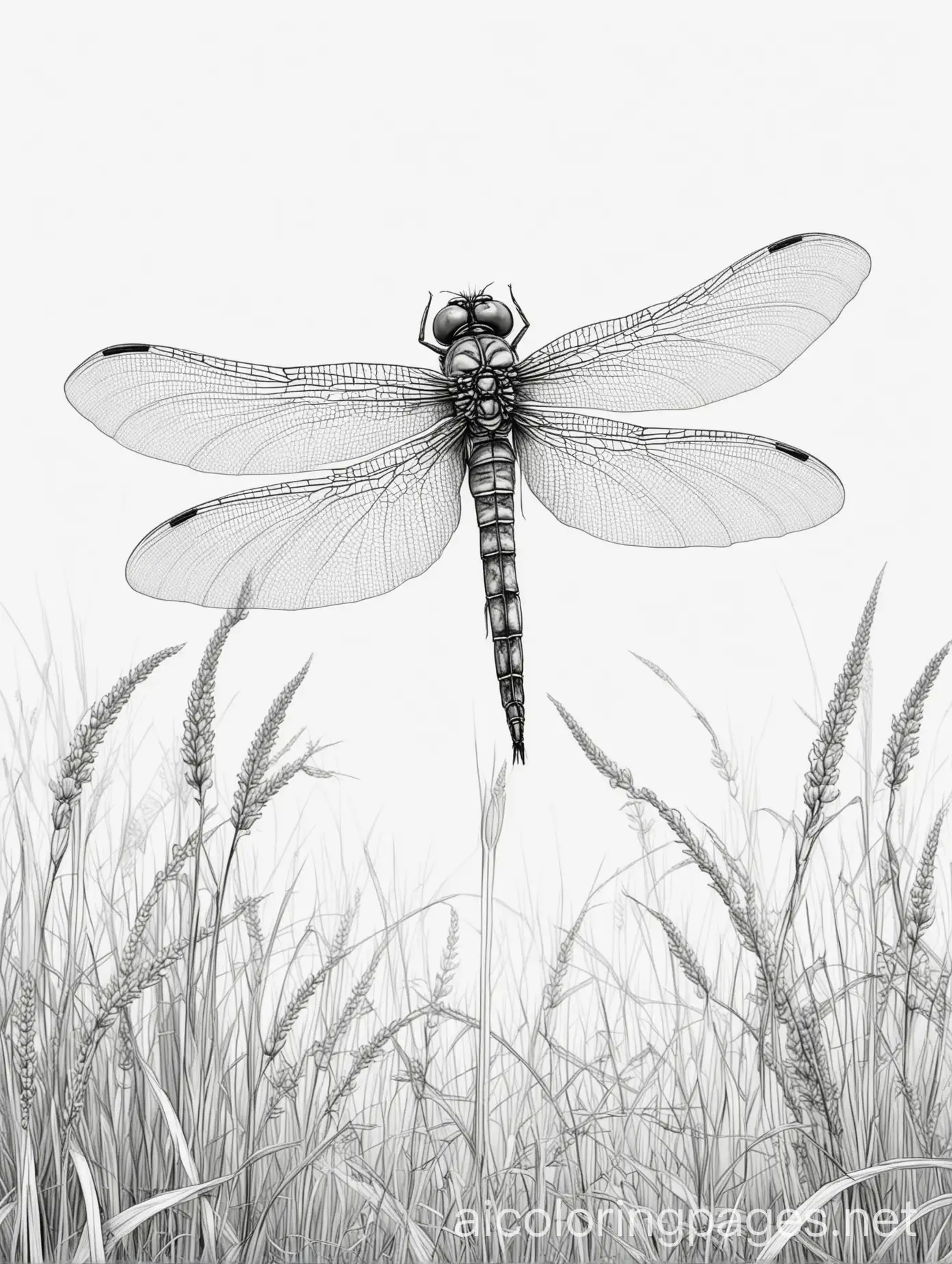 dragonfly on grass, Coloring Page, black and white, line art, white background, Simplicity, Ample White Space. The background of the coloring page is plain white to make it easy for young children to color within the lines. The outlines of all the subjects are easy to distinguish, making it simple for kids to color without too much difficulty