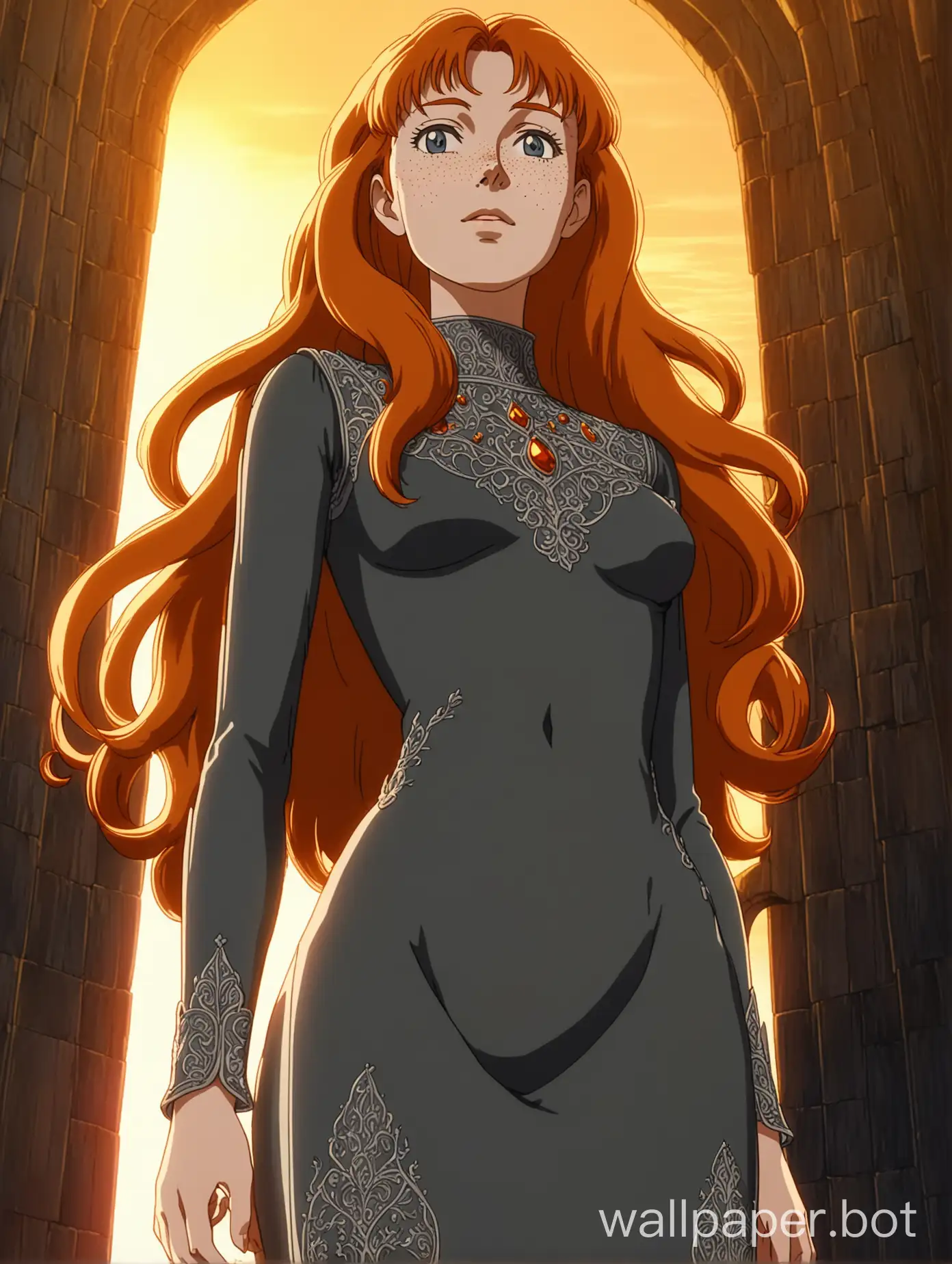view from below, a young and attractive white woman, she has long wavy orange hair, standing regally, elegant and slender, sharp face, lots of freckles, dignified and confident, wearing a sheer thin dark grey skintight dress, she is thin and slender, ornate stitching, medieval elegance, 1980s retro anime, vibrant colors, golden hour lighting