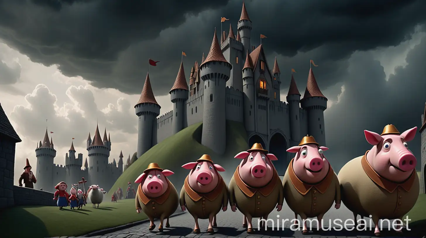 The image depicts a somber procession of fairy tale creatures, each with a unique and sorrowful expression, as they are banished from their homes. Among them are a talking gingerbread man, a three little pigs, and a wolf in sheep's clothing, all walking away from a grand, imposing castle that represents Lord Farquaad's territory. The castle looms in the background, dark and foreboding under a heavy sky, symbolizing the oppressive rule of the evil Lord Farquaad.