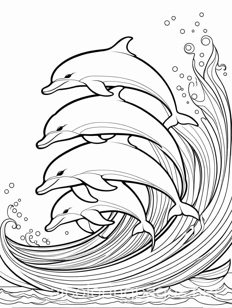  creat me coloring page of A pod of dolphins jumping out of the water and playing together it should be simple its for kids on the age of 7 years old, Coloring Page, black and white, line art, white background, Simplicity, Ample White Space. The background of the coloring page is plain white to make it easy for young children to color within the lines. The outlines of all the subjects are easy to distinguish, making it simple for kids to color without too much difficulty