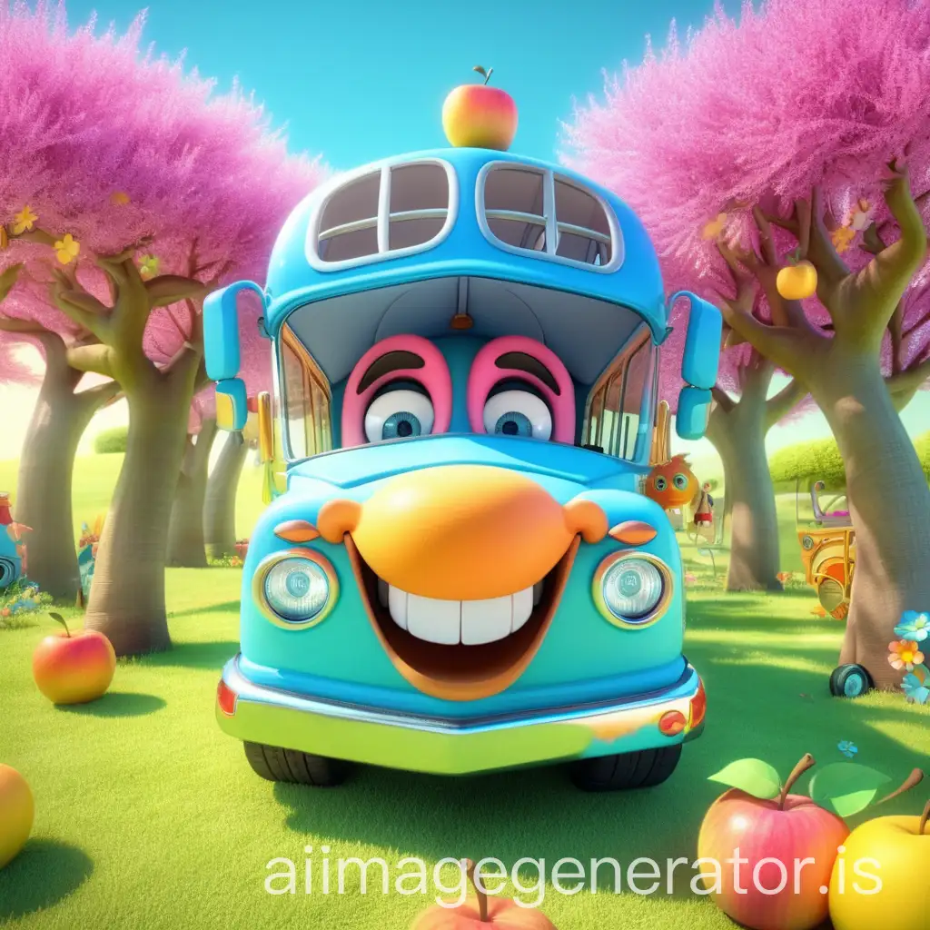 3d magical funny bus.The magical bus appears on a sunny day, parked in a lush, colorful orchard. The bus is whimsical with bright colors, friendly eyes, and a smiling mouth.