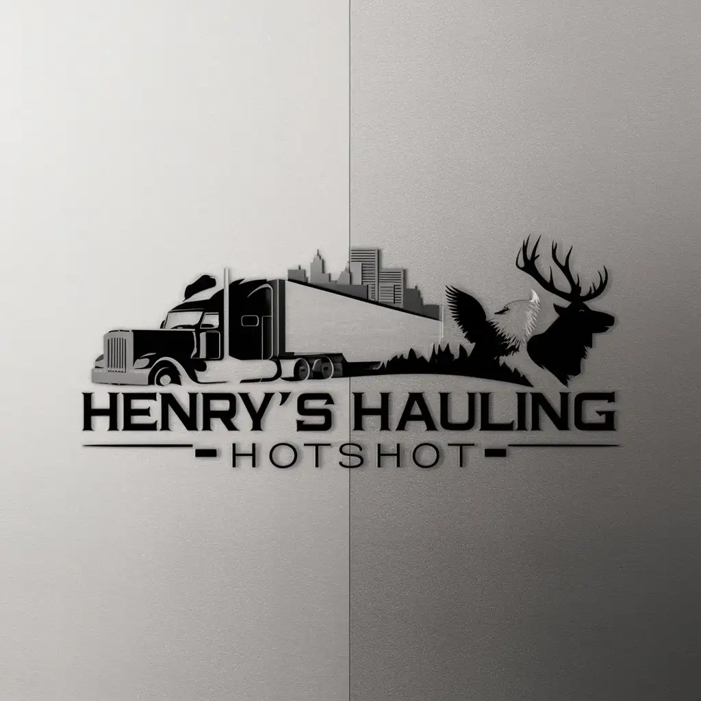a logo design,with the text "Henry’s Hauling Hotshot", main symbol:a logo design,with the text 'HENRY’S Hotshot Hauling', main symbol:A semi truck rips through two contrasting scapes, the truck is heading from the city on one side to the other side which is a calm and serene natural landscape with a mature elk buck, and a flying bald eagle, be used in Trucking industry,clear background,Minimalistic,be used in Trucking industry,clear background