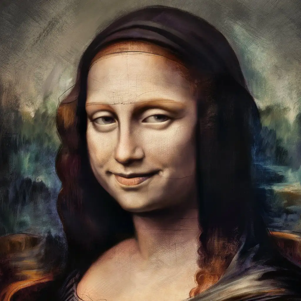 A close-up of the Mona Lisa's enigmatic smile, a timeless and mysterious portrait.