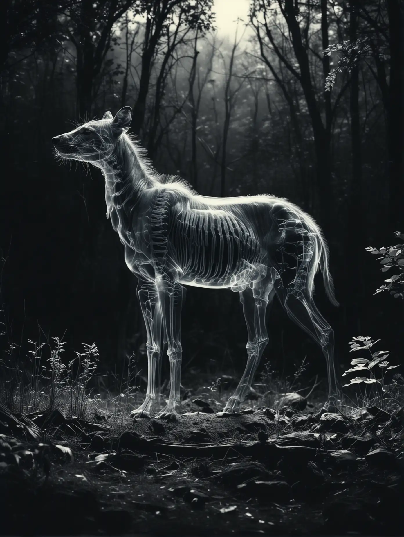 X-ray of a wild animal against a dark background of nature. Realistic, film effect
