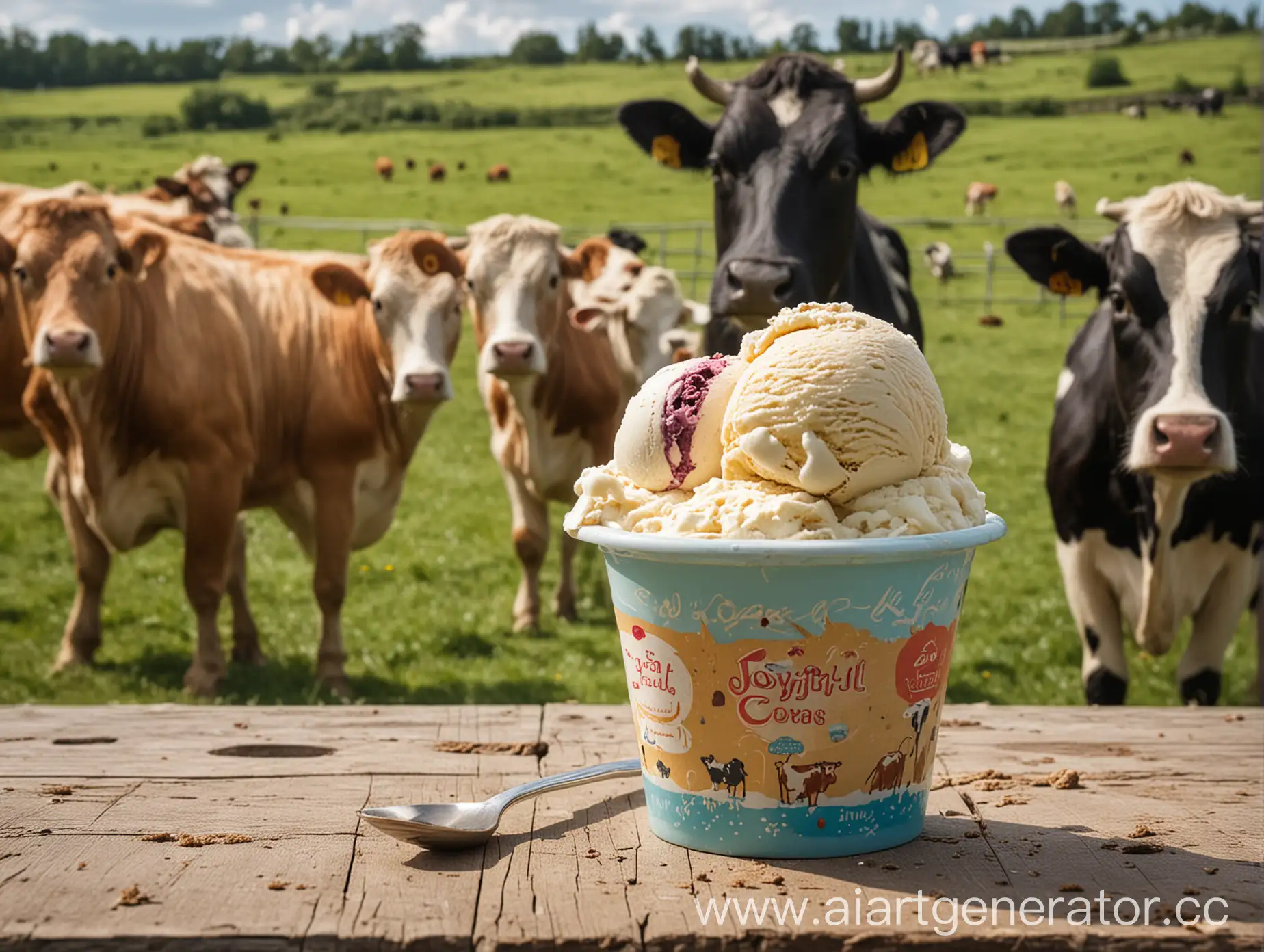 ice cream in a cup, with joyful cows in the background
