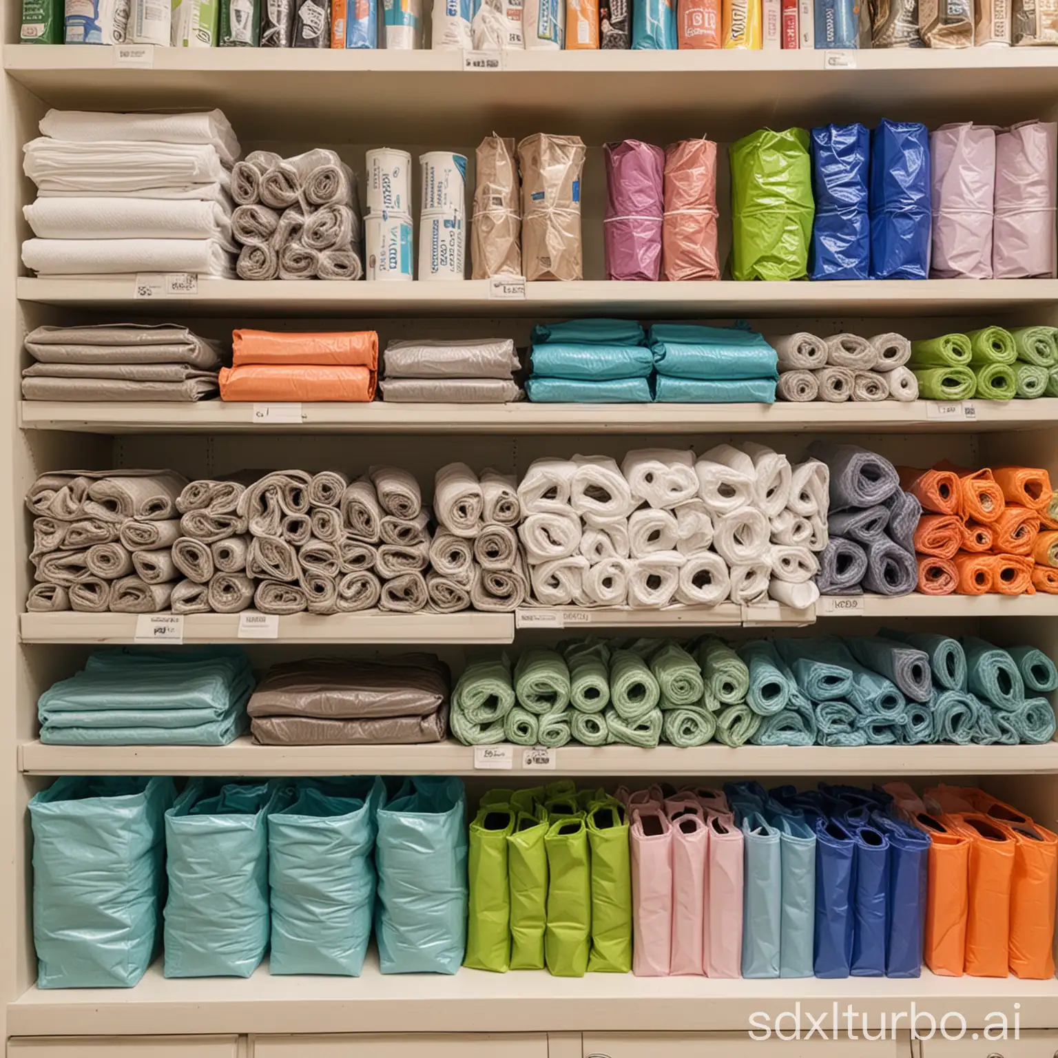 A variety of household supplies, such as trash bags, paper towels, and plastic bags, are neatly organized on a shelf. The products are brightly colored and have a variety of textures.