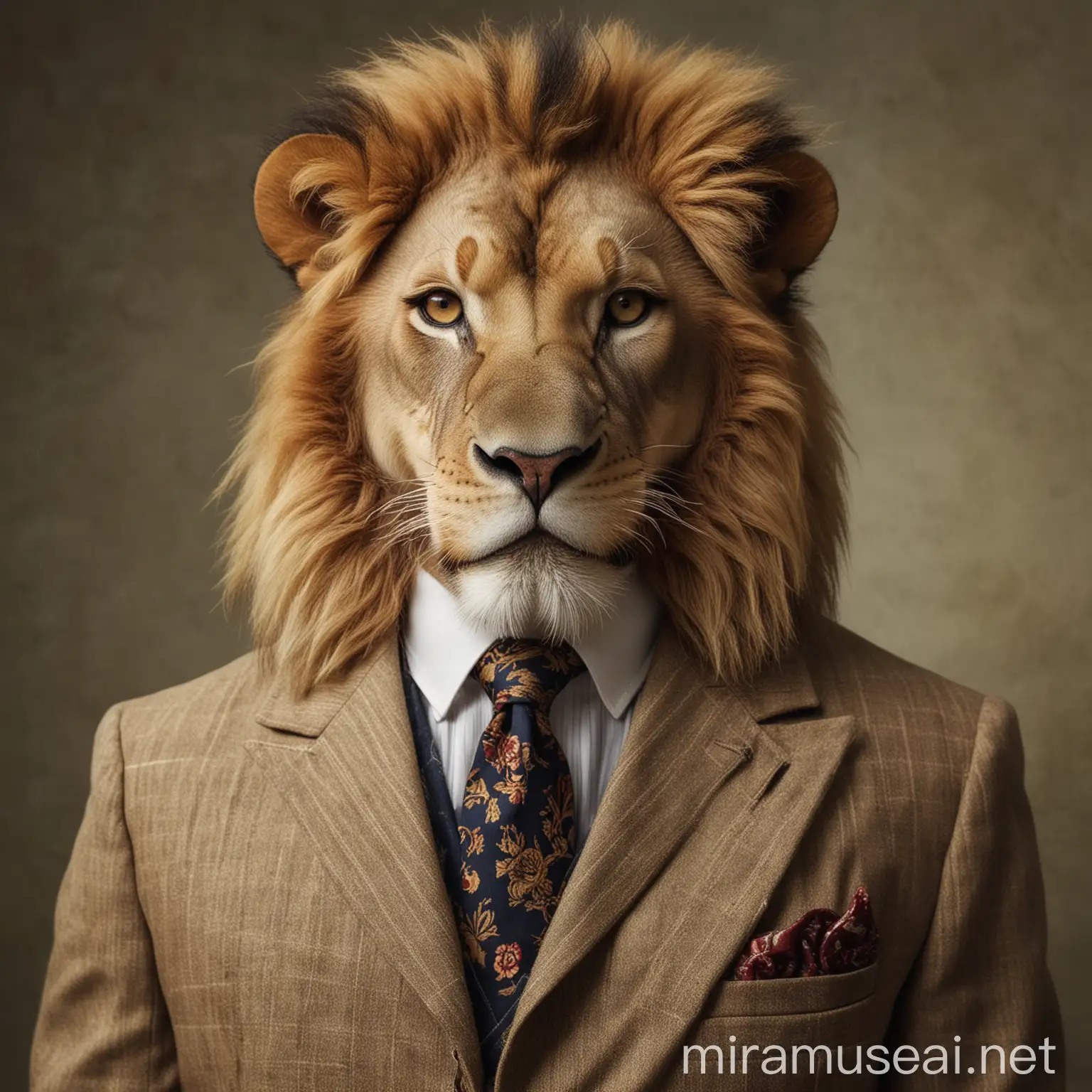 Regal Lion in Vintage Suit Portrait