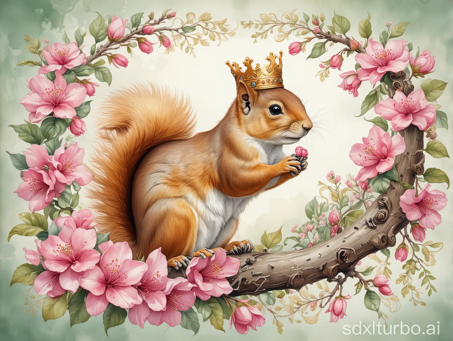 A squirrel crowned with a golden crown sits on a branch, the branch has green leaves and pink blossoms, highly and delicately detailed drawing, intricate watercolor, art nouveau borders